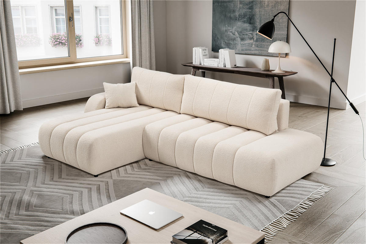 ECKSOFA GIOIA L-S Creme Boucle-Stoff mit Schlaffunktion - Creme, Holz (276/176cm) - MASSENO