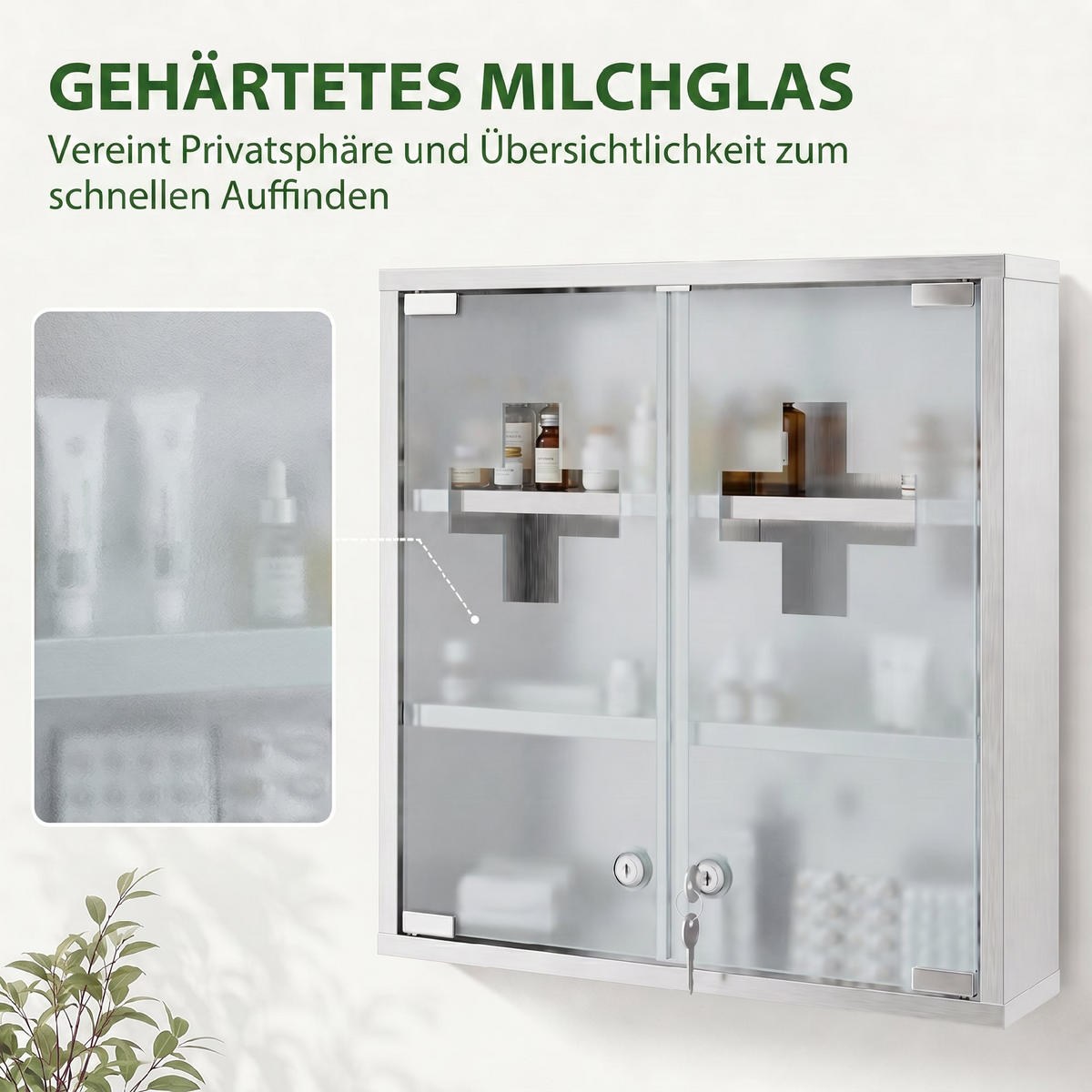 MEDIZINSCHRANK Edelstahl 430 gehärtetes Glas Silber - Silberfarben, Metall (46/48/12cm) - HOMCOM
