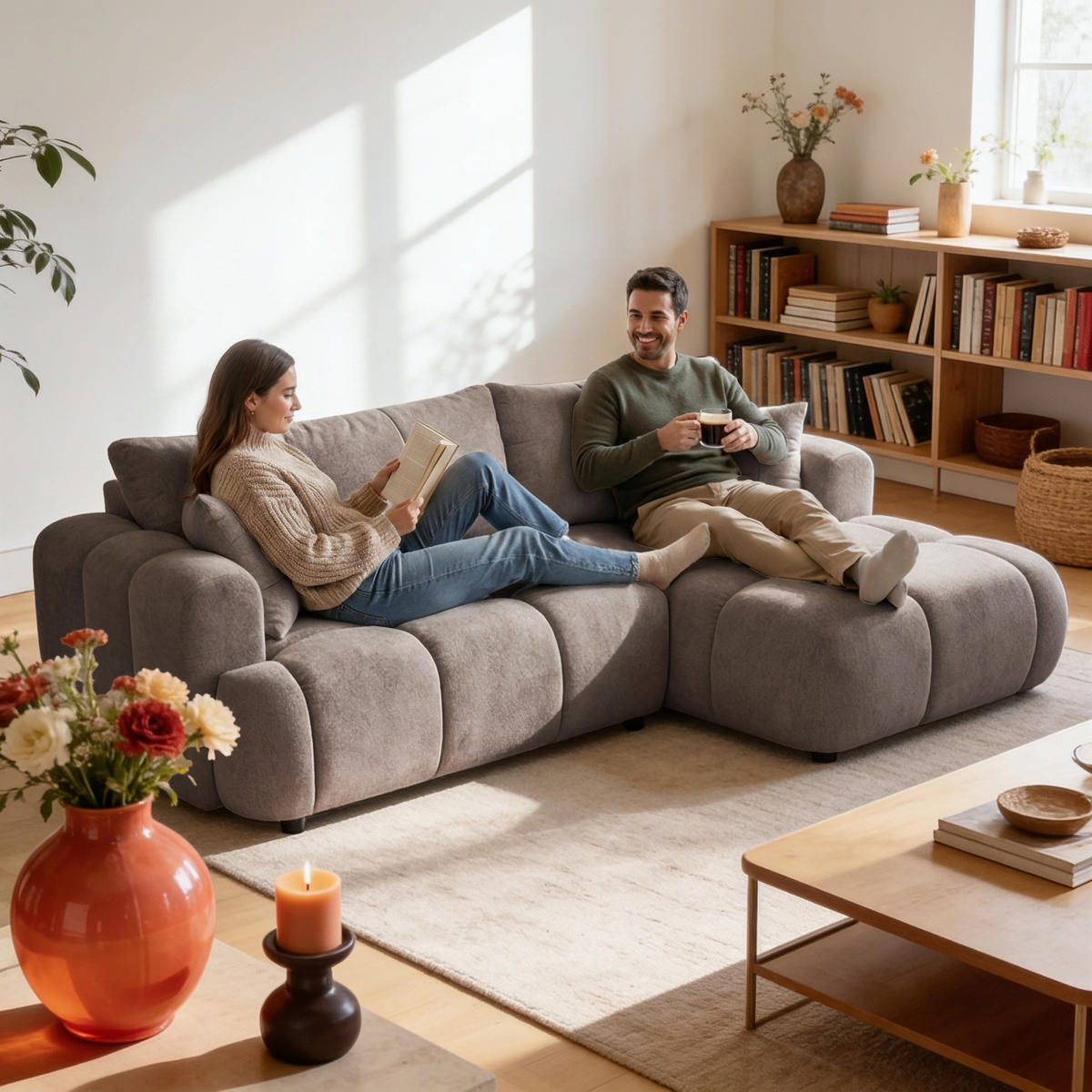 ECKSOFA CALM L Rechts mit Schlaffunktion 140x215 Webstoff beige - Beige/Schwarz, Holz/Kunststoff (151/261cm) - Muffo