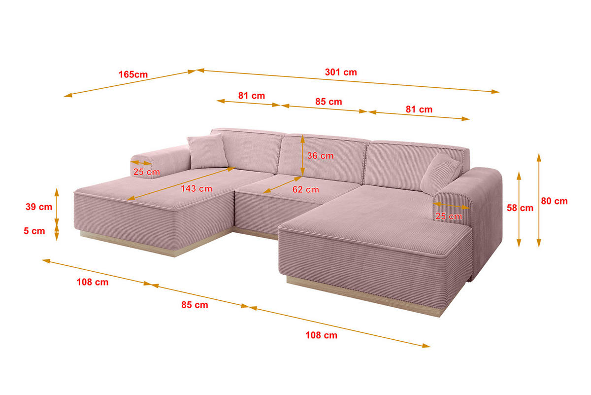 WOHNLANDSCHAFT IREA-U1 - 301x165x80 cm Rosa - Rosa, Holzwerkstoff/Textil (301/80/165cm) - ALTDECOR