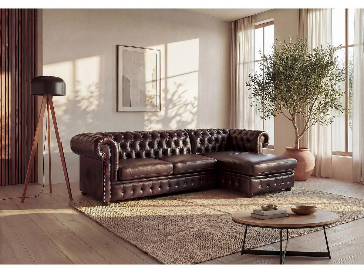 CHESTERFIELD Ecksofa - Ecke Rechts - Büffelleder - Dunkelbraun - BRENTON - Braun, Leder (274/82/166cm) - Vente-Unique