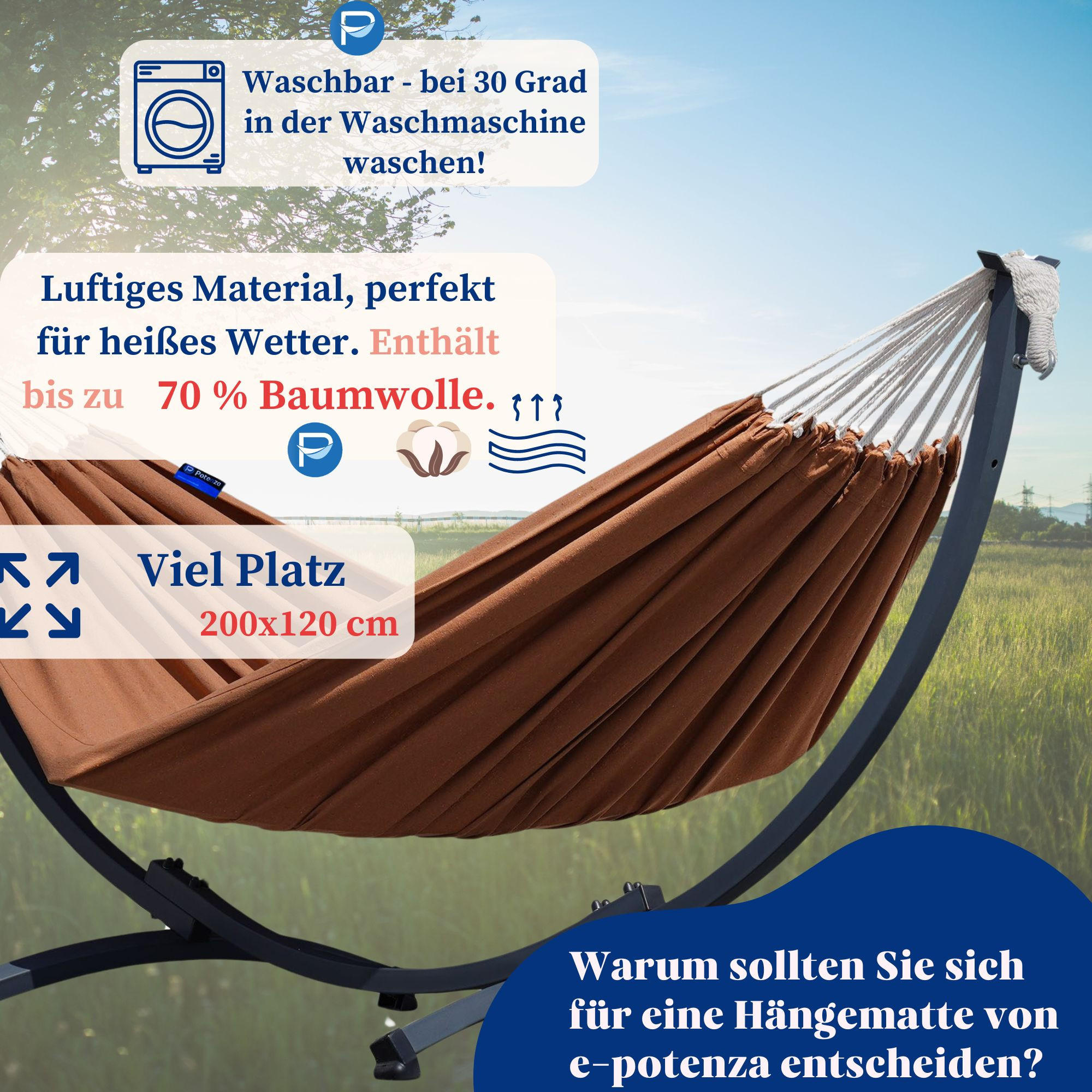 HÄNGEMATTE mit Gestell Metal Potenza - Hellbraun, Metall (98/110/250cm) - Potenza