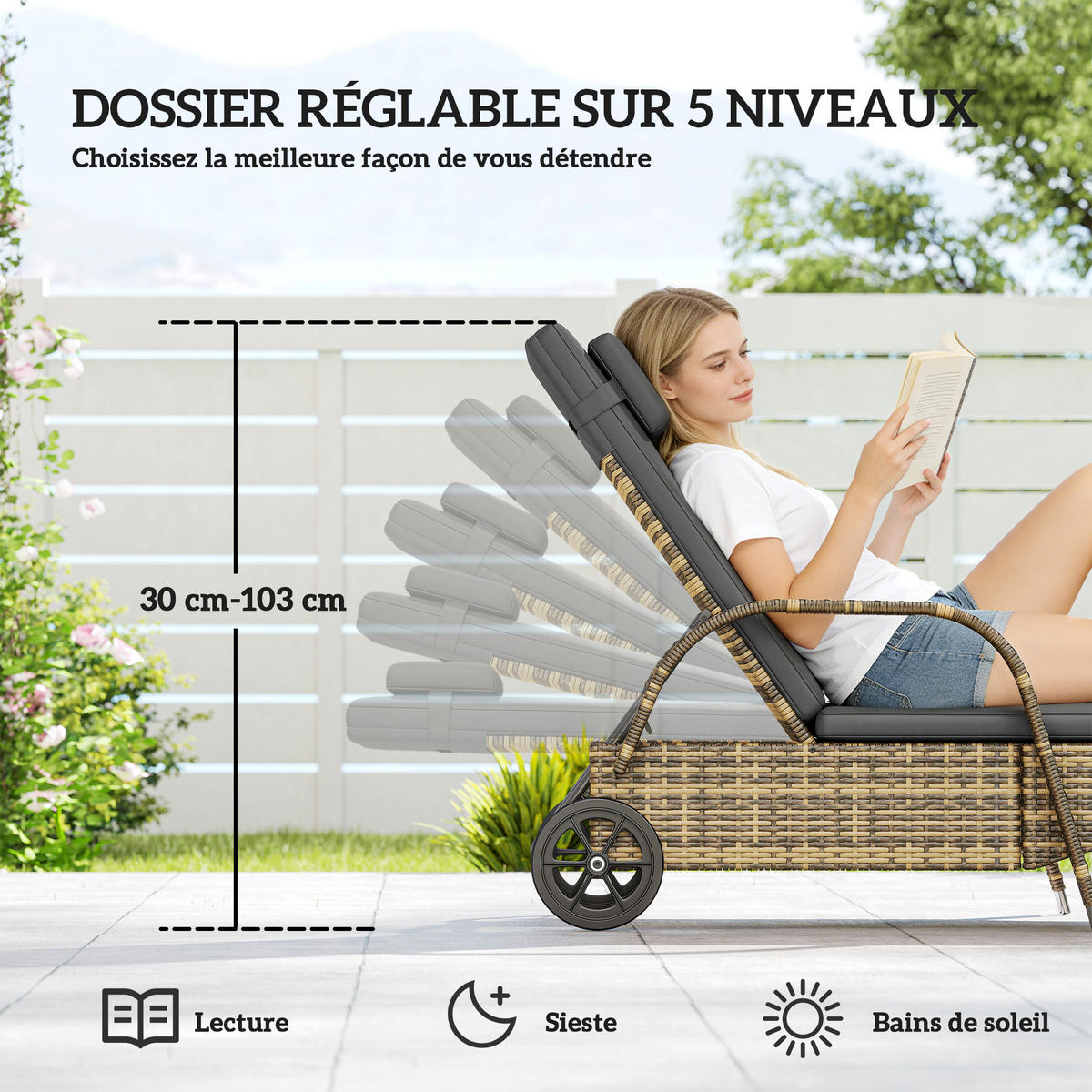 GARTENLIEGE 2er-Set mit Tisch DE-13683 verstellbar & Rollen Dunkelgrau - Dunkelgrau, Metall (73/103/200cm) - ComfortXL