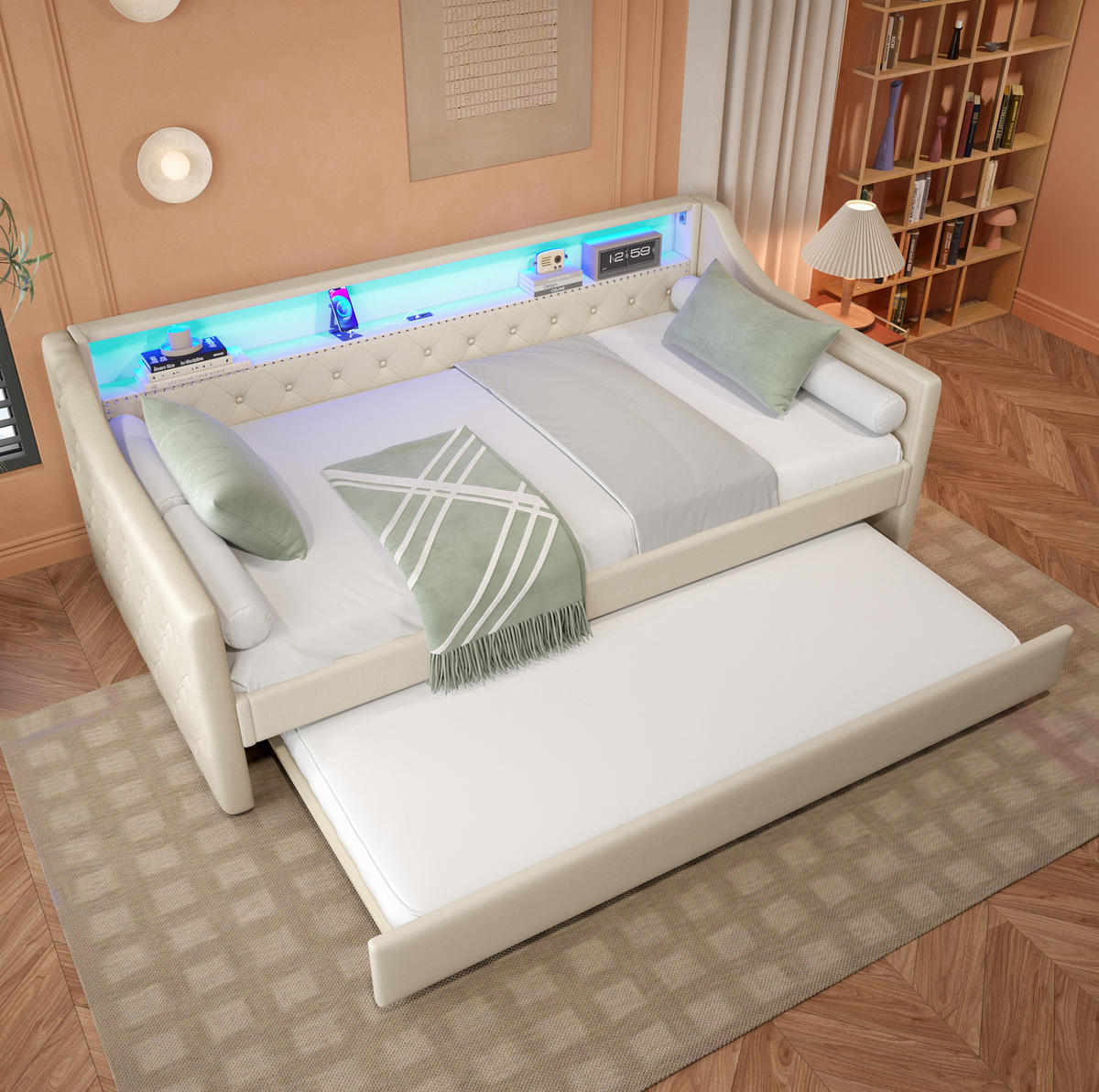 POLSTERBETT 90/200 cm mit Ausziehbett, LED-Beleuchtung und USB-Anschluss, Beige - Beige, Textil (90/200cm) - Redom