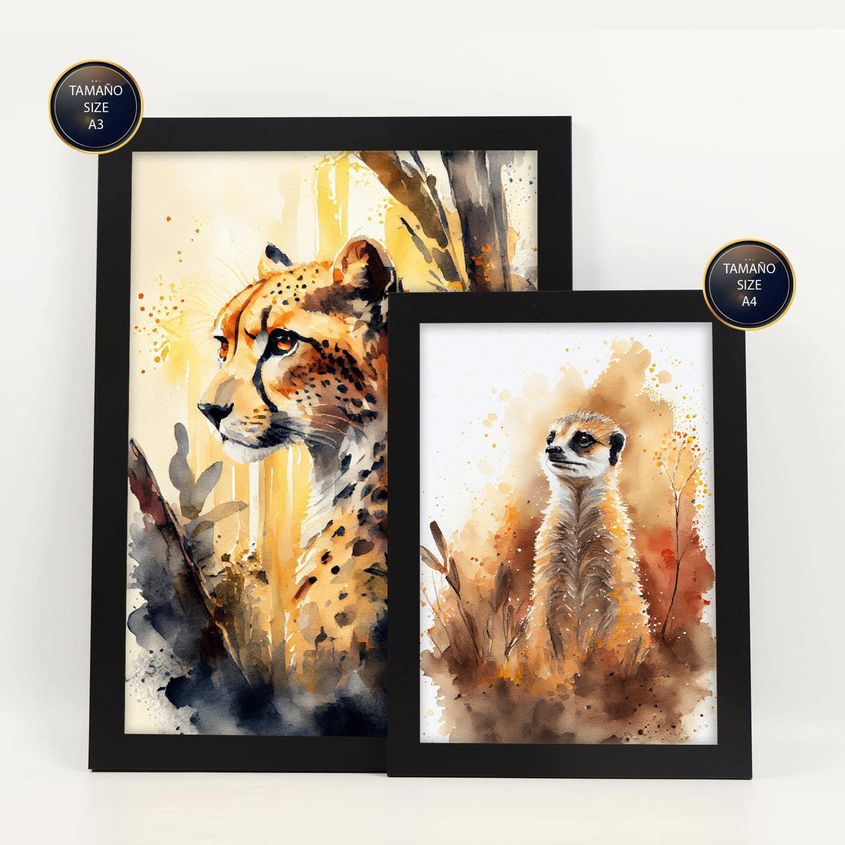 POSTER Set Mit 6 Tiefer Wald Illustrationen Von Tieren In Naturlandschaften, Realistischer Aquarellstil Innenarchitektur A3 & A4 Schwarzer Rahmen - Schwarz, Papier (29/3cm) - Nacnic