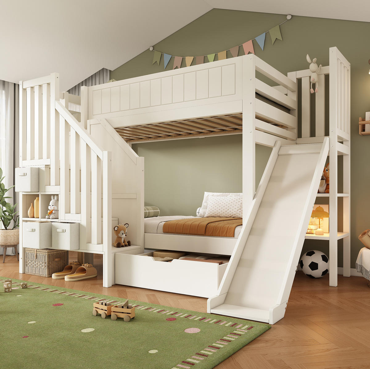 ETAGENBETT 90/200 cm Weiß mit Rutsche, Schubladen und Regalen ohne Matratze - Weiß, Holz (90/200cm) - MIVRAY