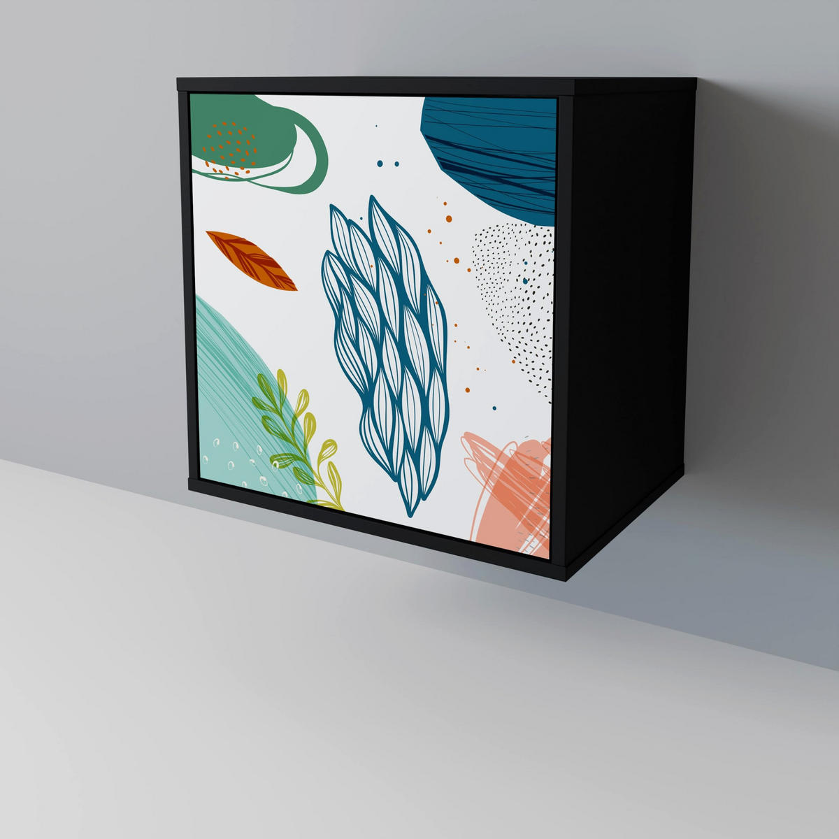 SIDEBOARD BOTANICAL HURRICANE, Schwarz, 57,5x42x67,5 cm, Schwarze Metall-Rahmenfüße - Multicolor/Schwarz, Holzwerkstoff/Metall (57.5/67.5/42cm) - SpaceRebels