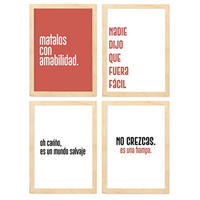 POSTER Set mit 4 Welt TypografieStil A4 Rahmen aus hellem Holz - Beige, Papier (29.7/3cm) - Nacnic
