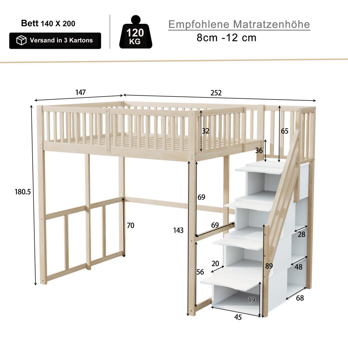 HOCHBETT 140/200 cm, Naturholz mit Stauraum-Sicherheitsaufstieg - Naturfarben, Holz (140/200cm) - MIVRAY