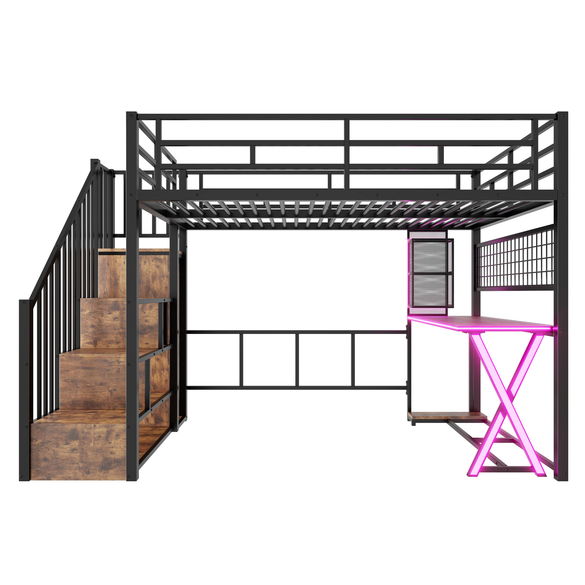 HOCHBETT 140/200 cm in Schwarz mit LED, Ablageleiter, Schreibtisch und Kleiderschrank - Schwarz, Holzwerkstoff/Metall (140/200cm) - WISHDOR