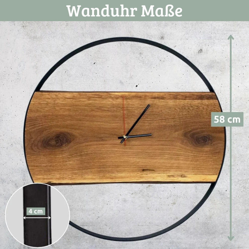 WANDUHR groß Holz PHIL HANDGEFERTIGT 58 cm ⌀ Eiche Geräuschlos - Braun, Holz (58/58/4cm) - DELUKE