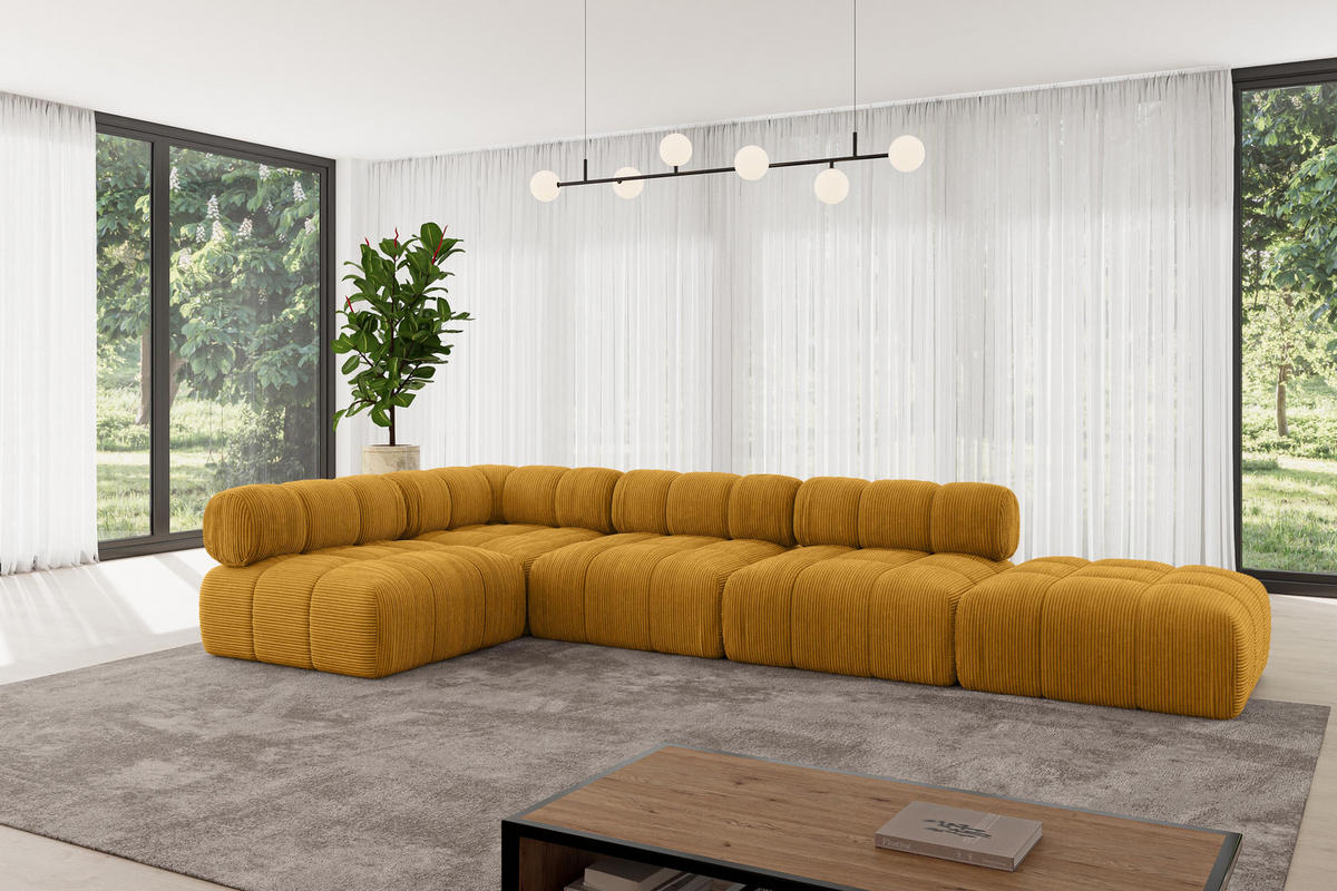 ECKSOFA modulares Sofa Favio-L2 - 380x190x70 cm Senfgelb Cord - Currygelb, Holzwerkstoff/Textil (380/190cm) - ALTDECOR
