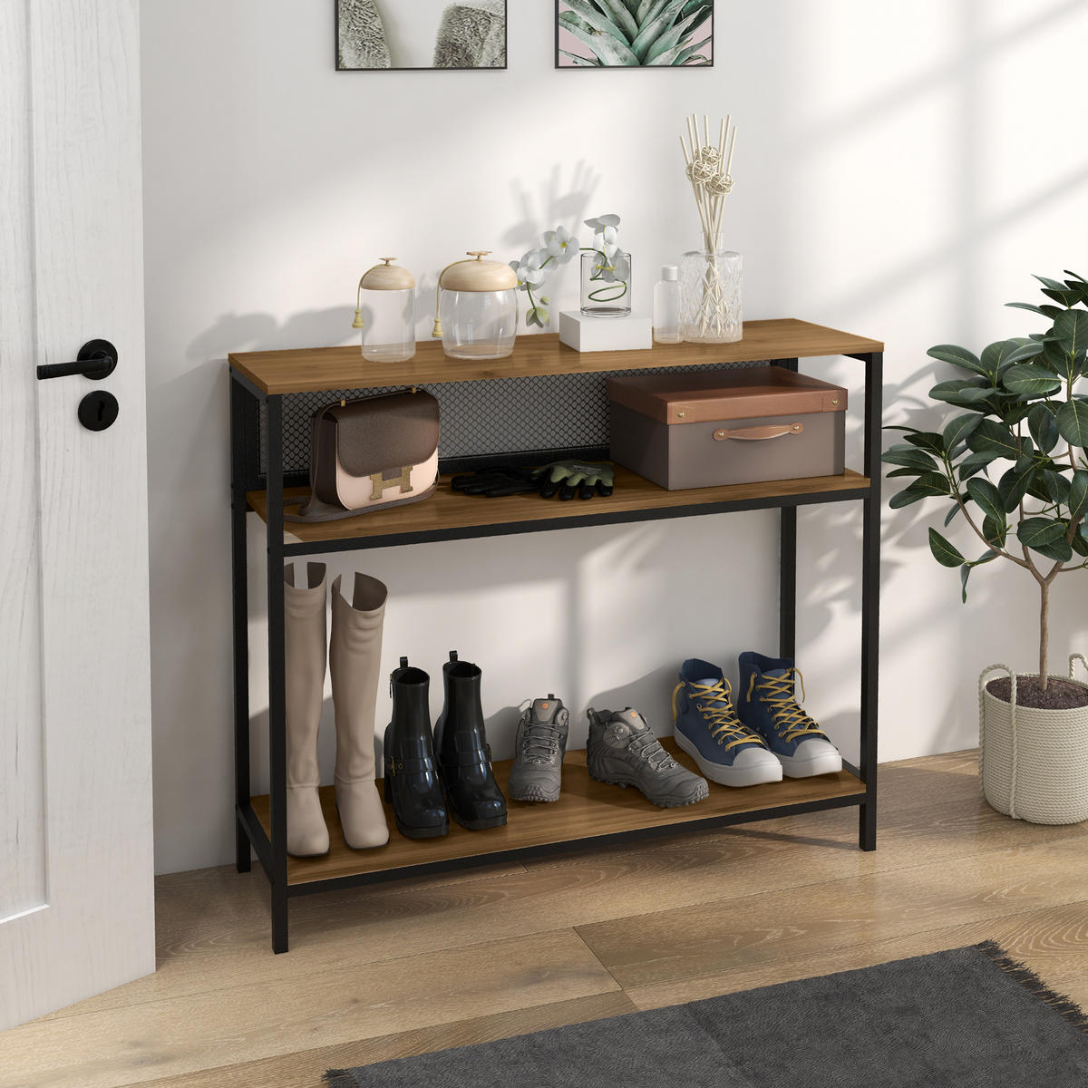 KONSOLENTISCH, Flurtisch mit 2 Regalen, Braun, 100 x 29,5 x 90 cm - Braun, Holzwerkstoff (29.5/100/90cm) - HOMCOM