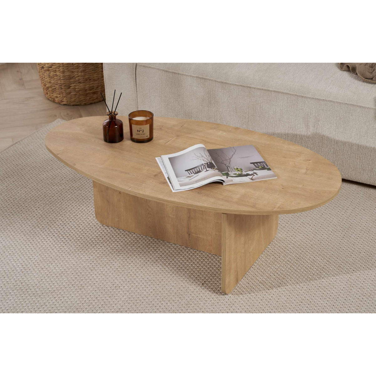 COUCHTISCH mit ovaler Platte L125 cm 65/120/40 cm - Eichefarben, Holzwerkstoff (70/65/40cm) - Calicosy