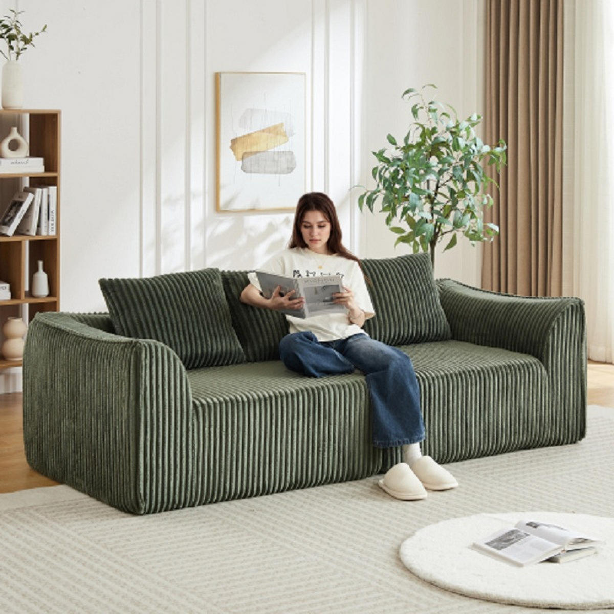 3-SITZER SOFA Cord Grün mit 2 Kissen - Grün, Textil (235.5/72.5/101cm) - WISHDOR
