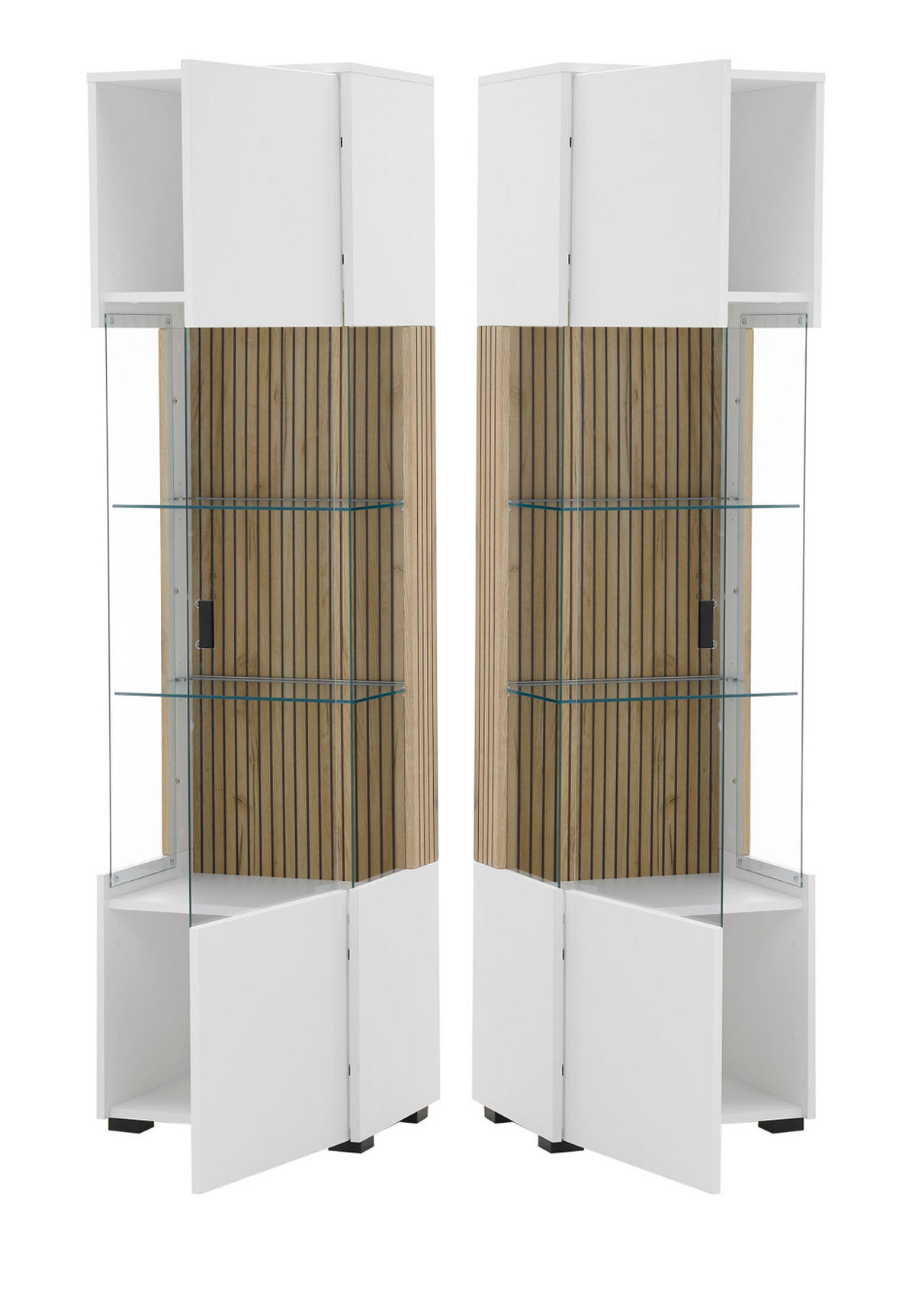 WOHNWAND weiß matt, Eiche 3-teilig 258 x 180 cm, Schrankwand mit viel Stauraum und Soft-Close-Funktion - Eichefarben/Schwarz, Glas/Holzwerkstoff (258/180/42cm)