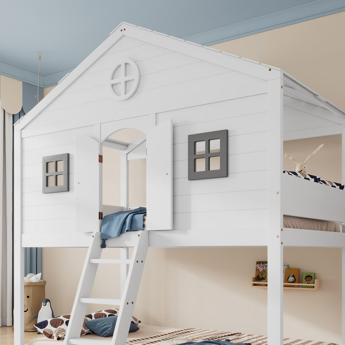 HOCHBETT 90/200 cm in Weiß & Grau Kinderbett mit Treppe, Fallschutz und Fenstern im Hausbett-Design - Weiß, Holzwerkstoff (90/200cm) - STILVORA