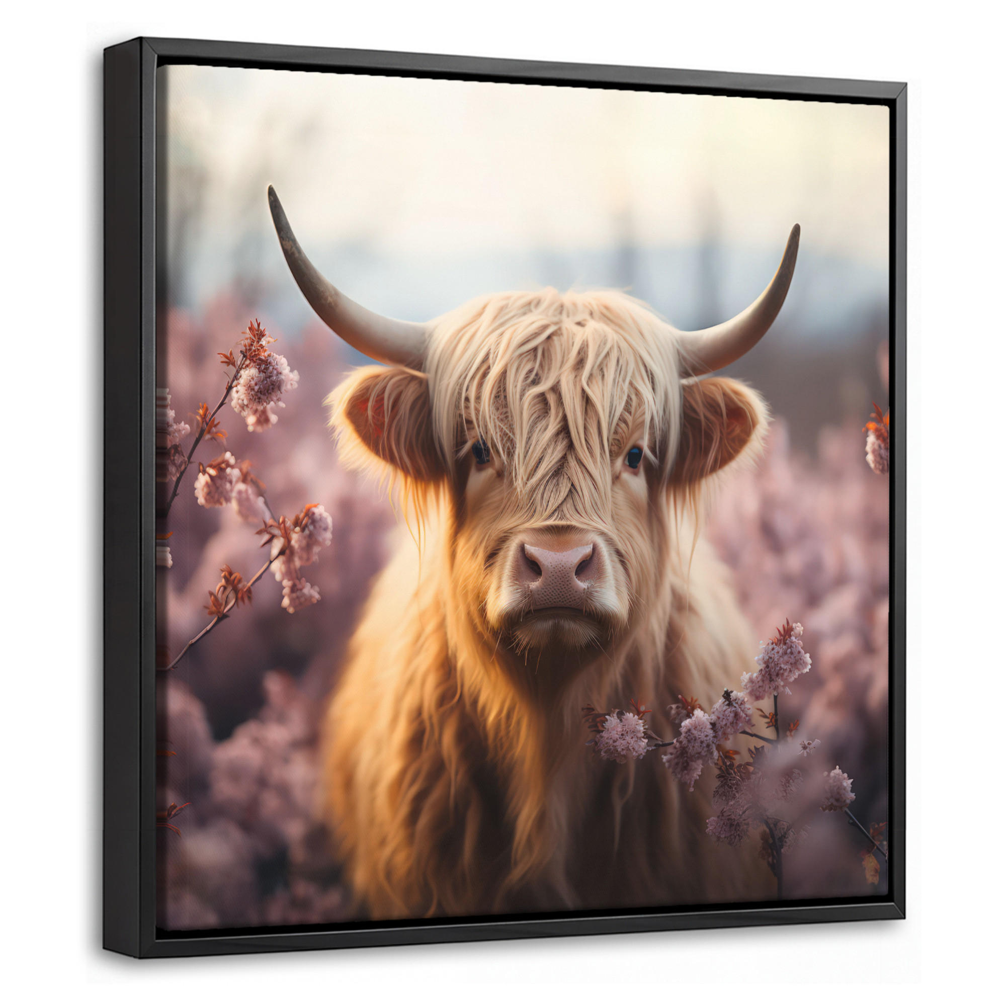LEINWAND Bilder mit Rahmen - Schottischer Hochländer - Frühling - Hochland - 20x20 - Hellrosa, Textil (20/20cm) - MuchoWow