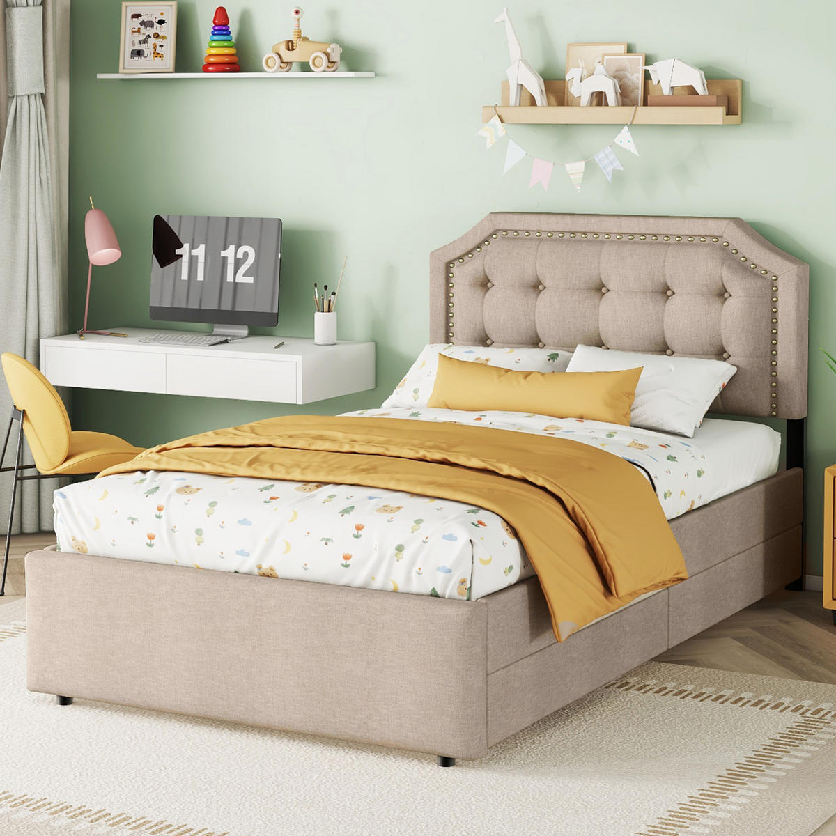 POLSTERBETT 90/200 cm Dunkelbeige mit Aufbewahrung und Zierknöpfen - Beige, Textil (90/200cm) - OKWISH