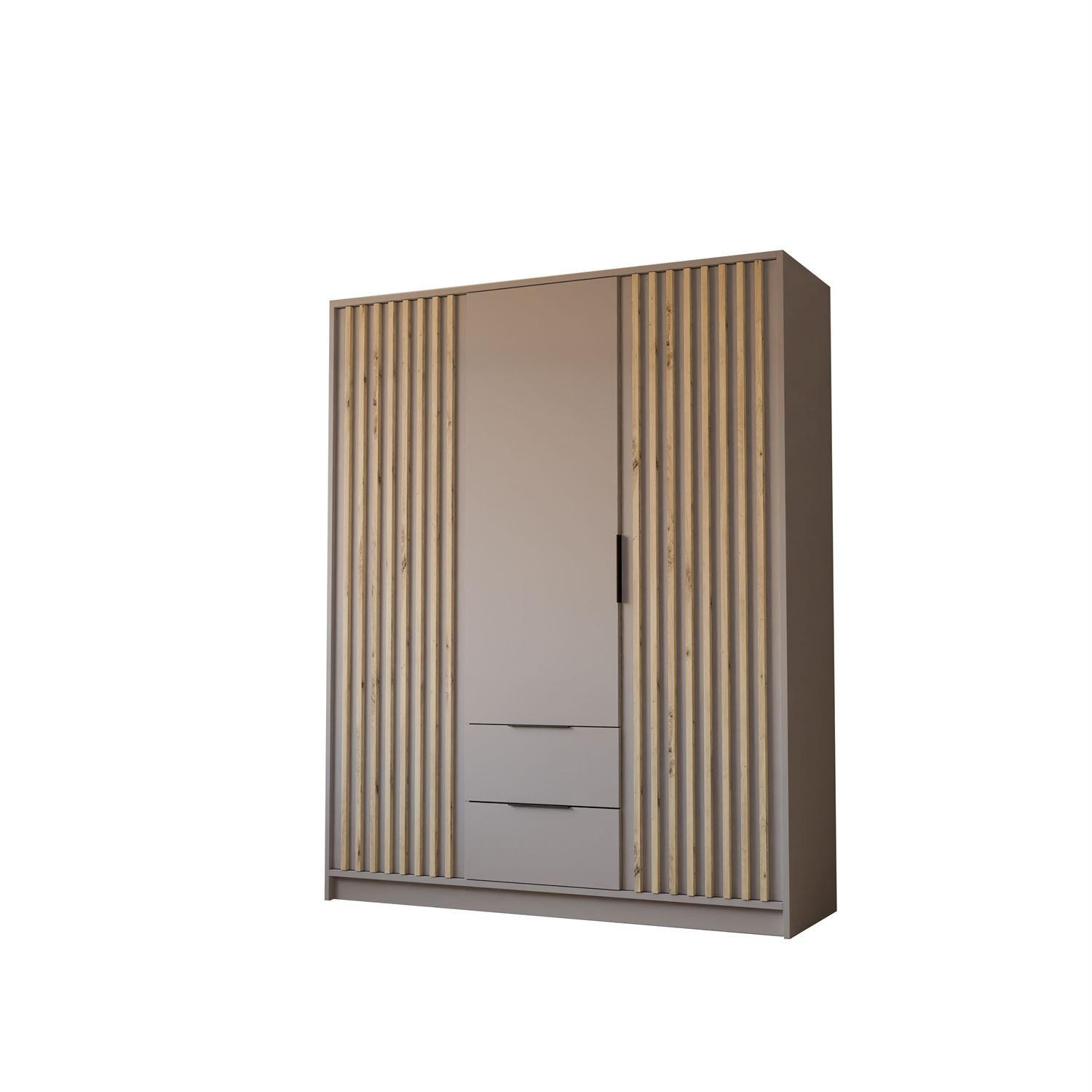 KLEIDERSCHRANK NELA, dreitürig mit Lamellen, 155 cm, Grau/Artisan - Grau, Holzwerkstoff (155/200/51cm) - Lookway