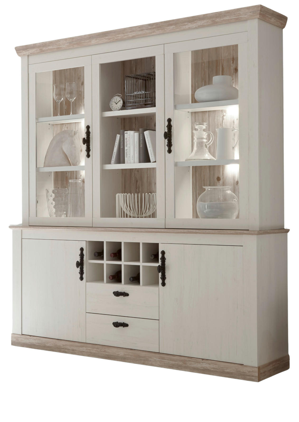 BUFFETSCHRANK Pinie weiß, Oslo Pinie Landhaus, Vitrinenschrank mit Weinregal, 184 x 205 cm - Anthrazit/Weiß, Holzwerkstoff/Metall (184/205/44cm) - Furn.Design