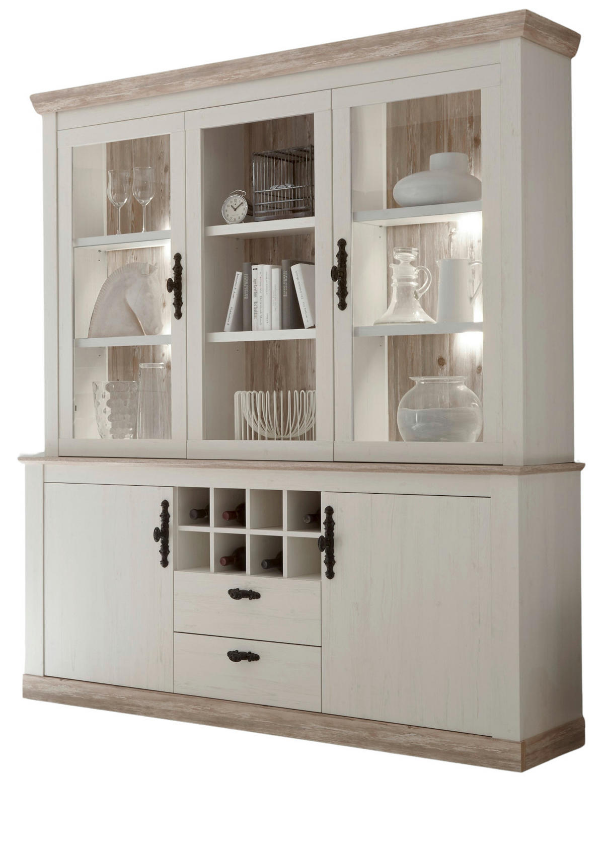 BUFFETSCHRANK Pinie weiß, Oslo Pinie Landhaus, Vitrinenschrank mit Weinregal, 184 x 205 cm - Anthrazit/Weiß, Holzwerkstoff/Metall (184/205/44cm) - Furn.Design