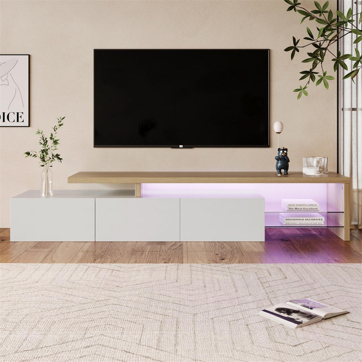 TV-LOWBOARD - TV-Schrank mit LED-Beleuchtung - offenem Glasregal und Stauraum - Weiß+Natur - Weiß, Holzwerkstoff (39/42/200cm) - DELFA