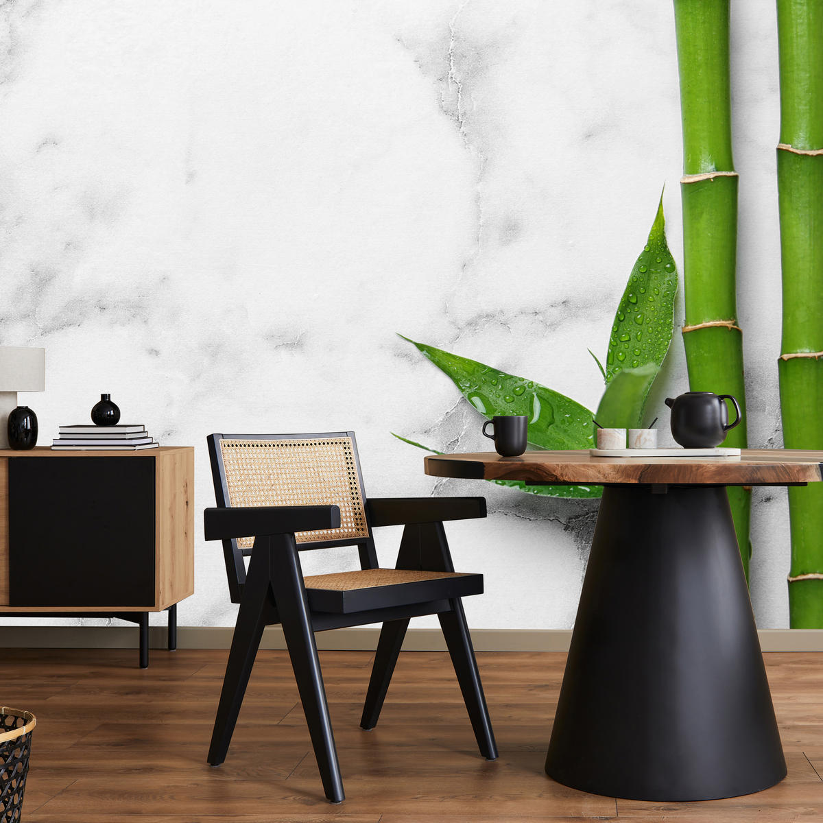 FOTOTAPETE für Küche Bambusblätter Grauer Marmor Exotisch Elegant 450x315 - Weiß/Grau, Papier (450/315cm) - Muralo