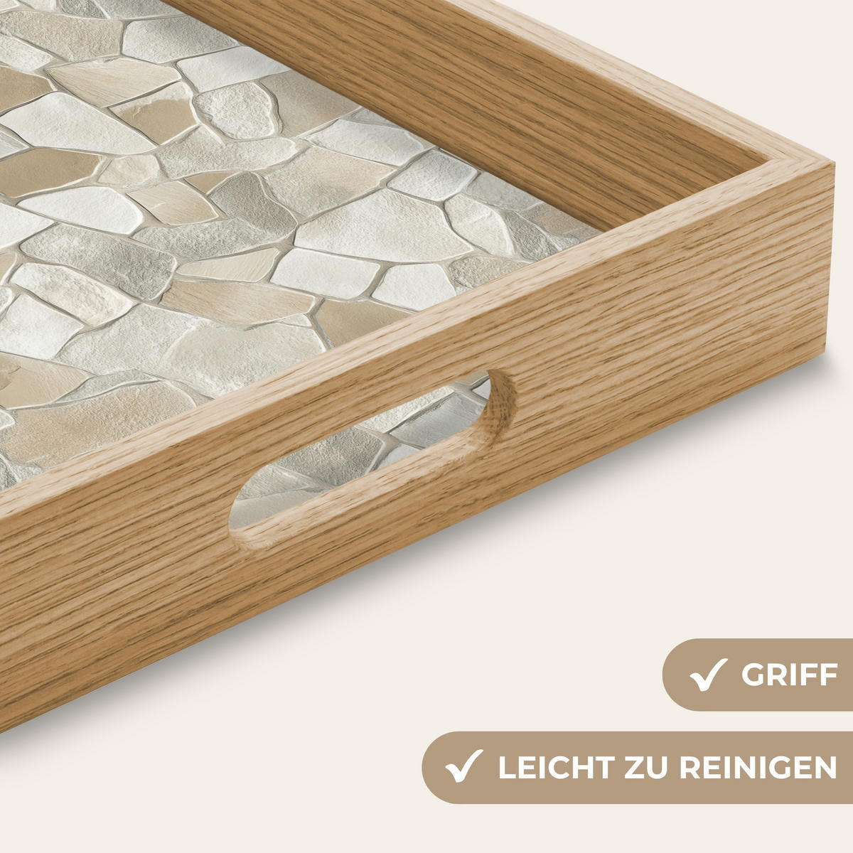 TABLETT - Mosaik - Steine - Beige - 40x30 cm - Beige, Holz (40/5/5cm) - OnlyWow