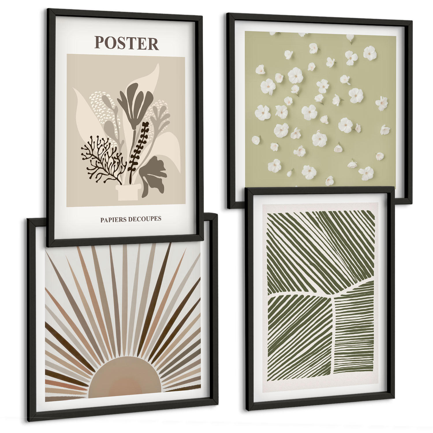 BILDER SET 4er Set - 50x50 cm & 40x60 cm Schwarzer Rahmen - Pflanzenmotive in gedeckten Farben - Schwarz, Kunststoff (50/50cm) - TULUP