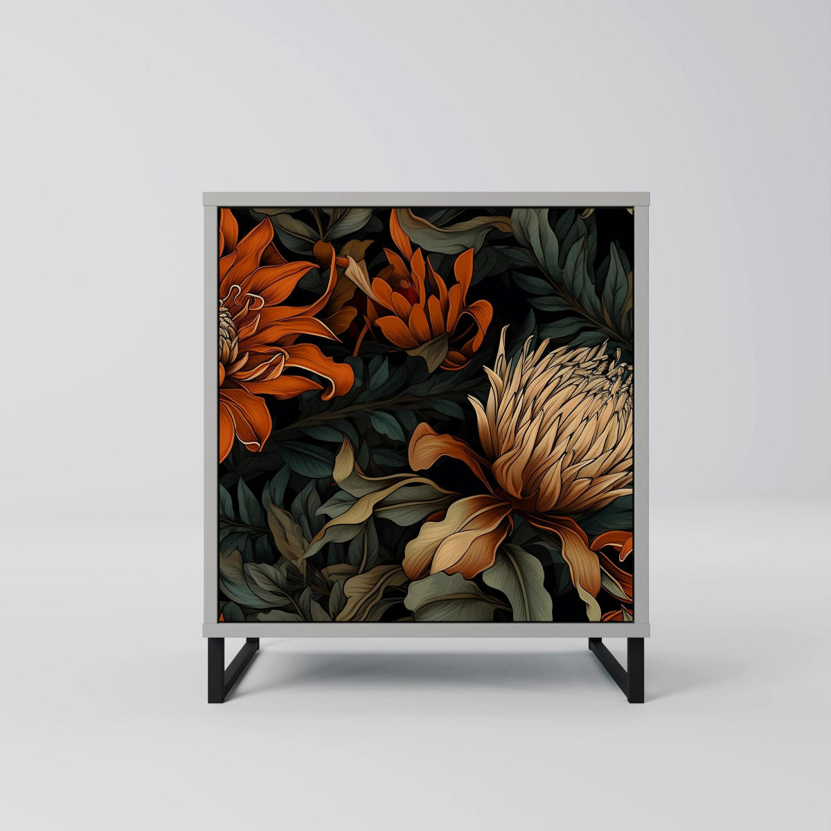 SIDEBOARD DAWN BLOOM, Grau, 57,5x42x72,5 cm, Schwarze Metallfüße - Multicolor/Schwarz, Holzwerkstoff/Metall (57.5/72.5/42cm) - SpaceRebels