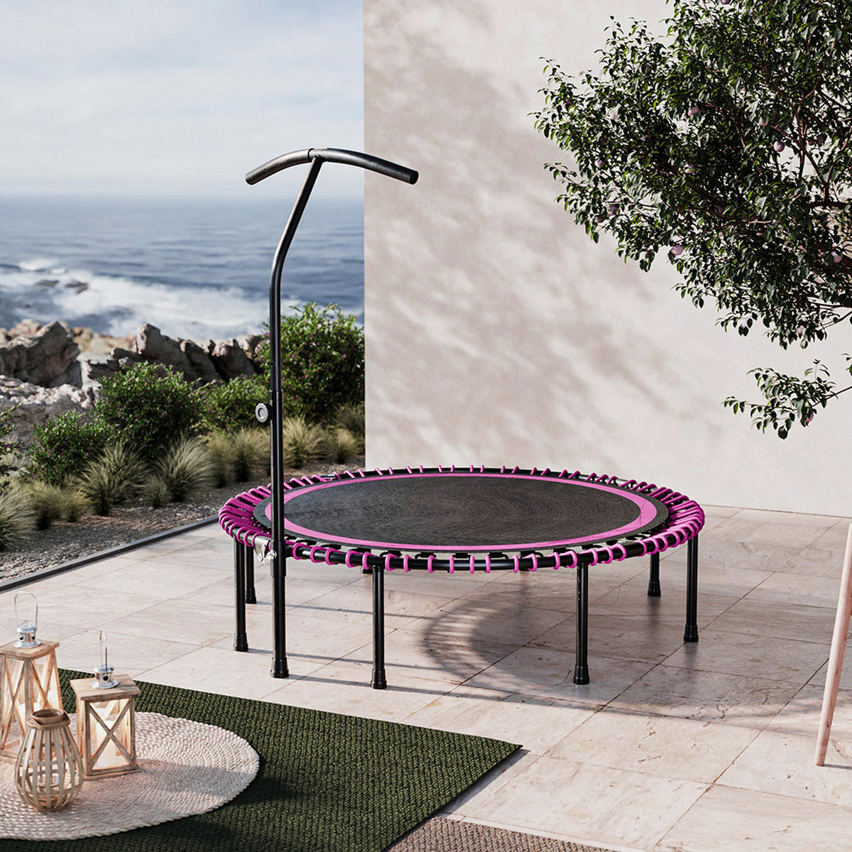 48-ZOLL-RUNDTRAMPOLIN mit Bungee-Seilen und verstellbarem T-Griff Faltbar aus Stahl Oxford-Gewebe Gummiseil in Schwarz Rosa 122 x 122 Tx 123 cm - Pink, Metall (122/122cm) - Livingandhome