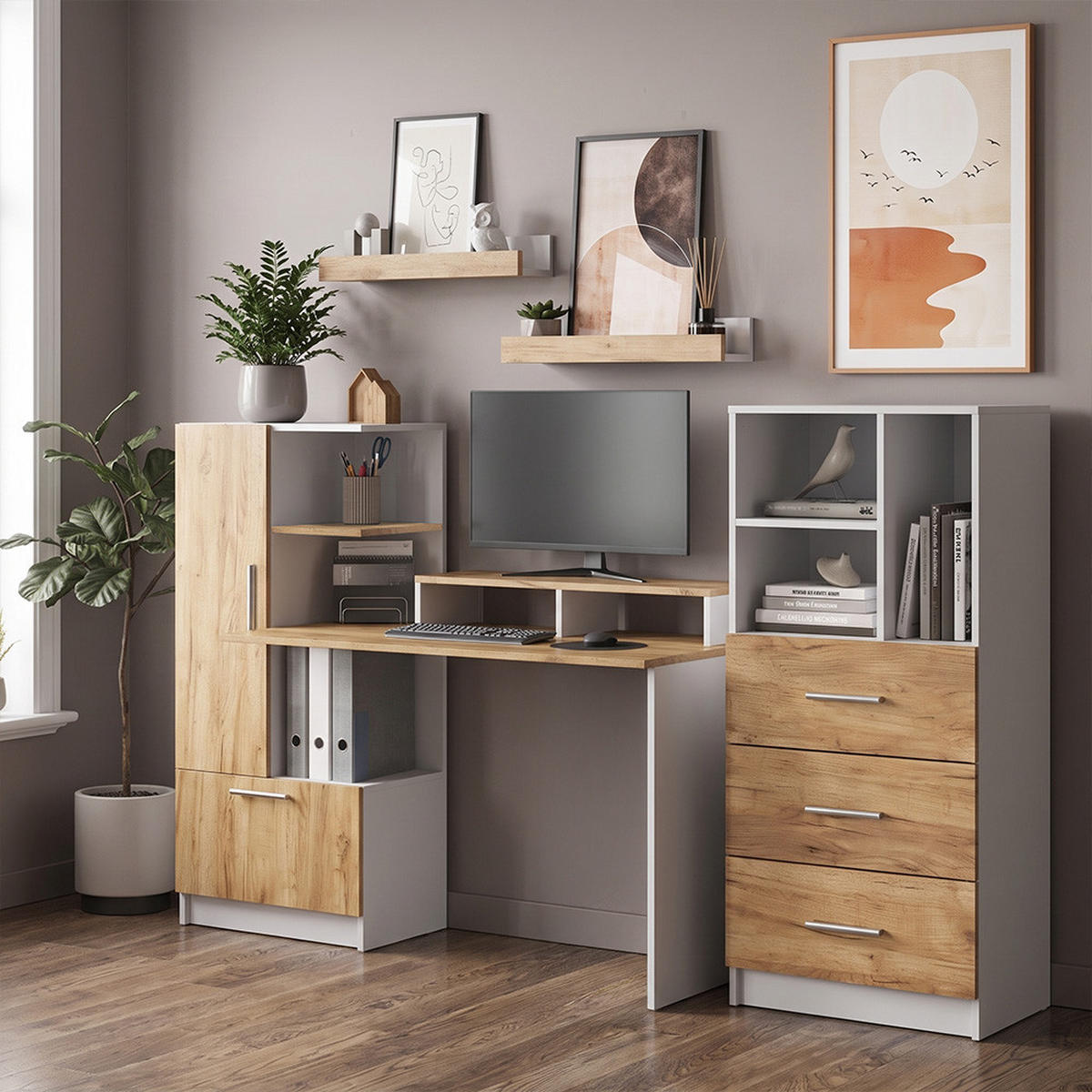UNIVERSALSCHRANK Tomy, Weiß/Goldkraft Eiche, 60 x 120 cm mit 3 Schubladen - Honigeiche/Weiß, Holzwerkstoff (60/120/31.6cm) - Vicco