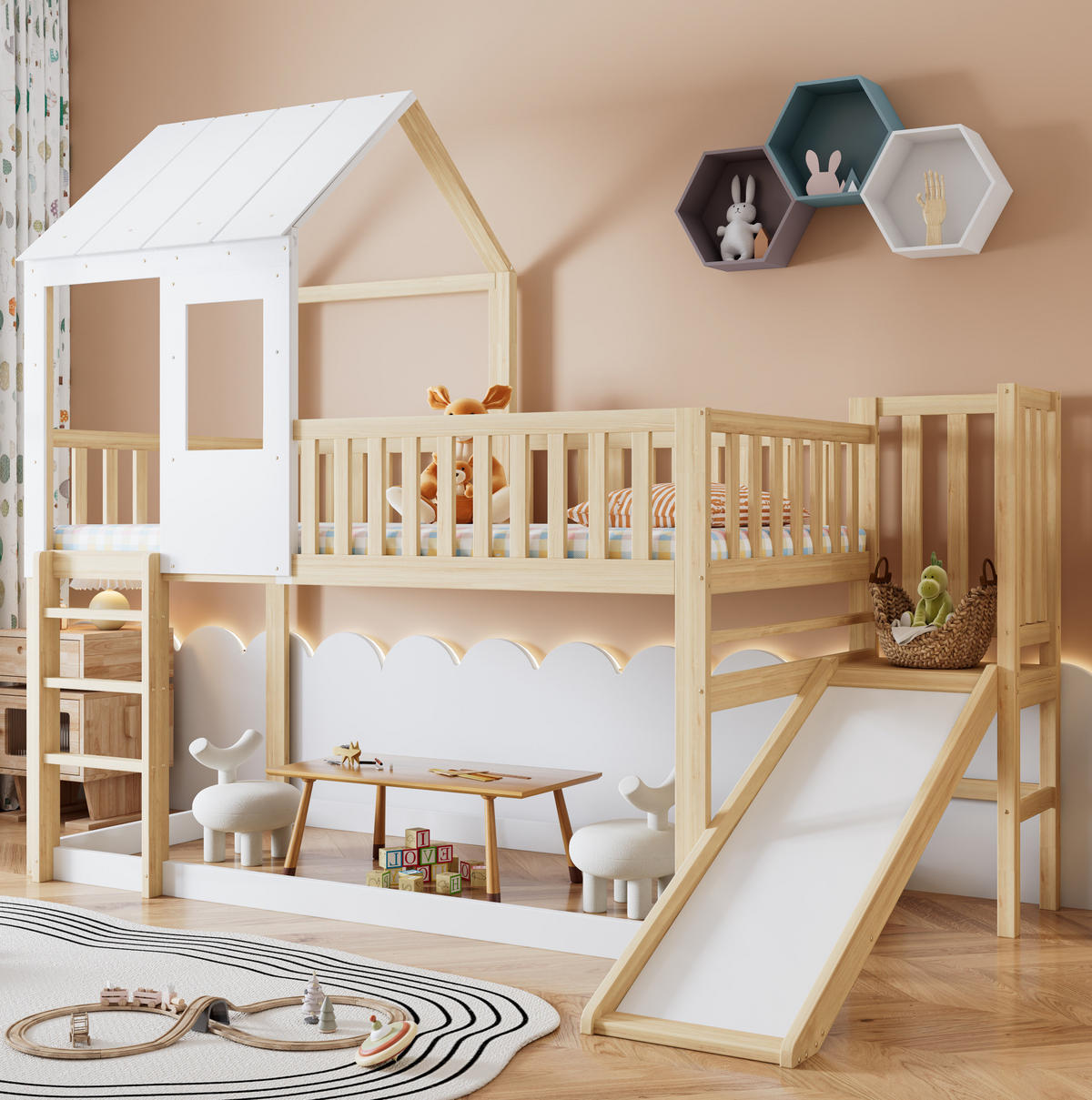 ETAGENBETT Hausbett mit Rutsche, Dach und Fenster, Natur/Weiß, 90/200 cm - Naturfarben, Holz (90/200cm) - MIVRAY