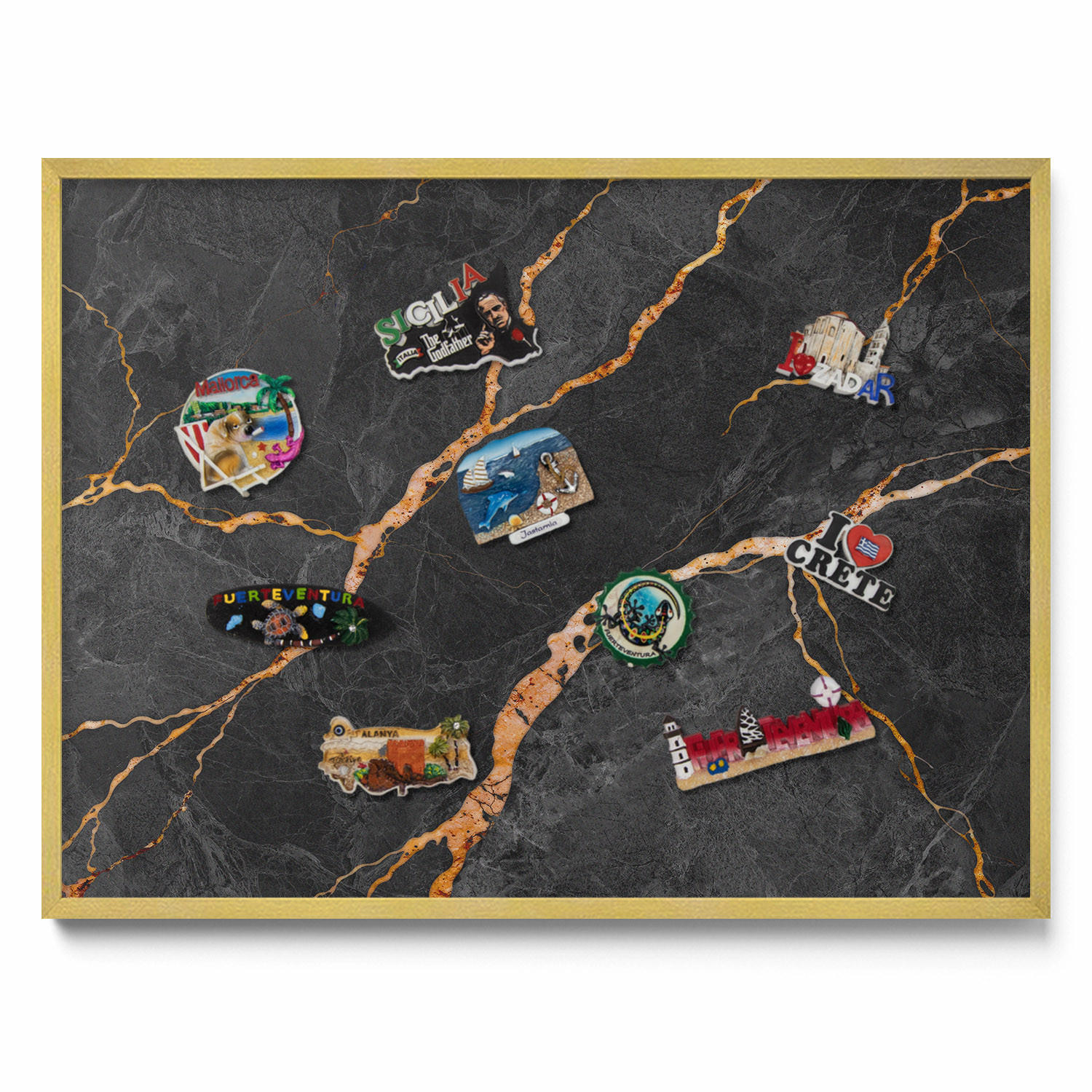 MAGNETTAFEL 80x60 cm Goldener Rahmen Verzierte Dunkle Marmoroptik - Robinienfarben, Metall (80/60/0.4cm) - TULUP