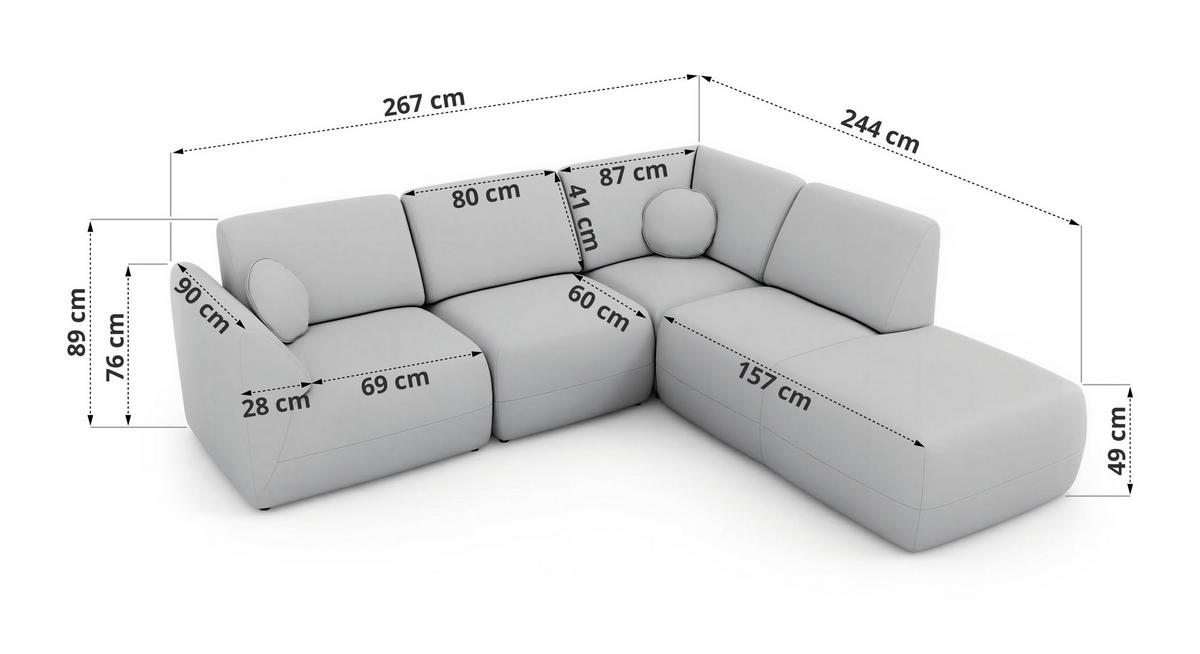 ECKSOFA NOARA 5M L Beige Velvet - Rechts - Beige/Schwarz, Kunststoff/Textil (267/244cm) - MKS
