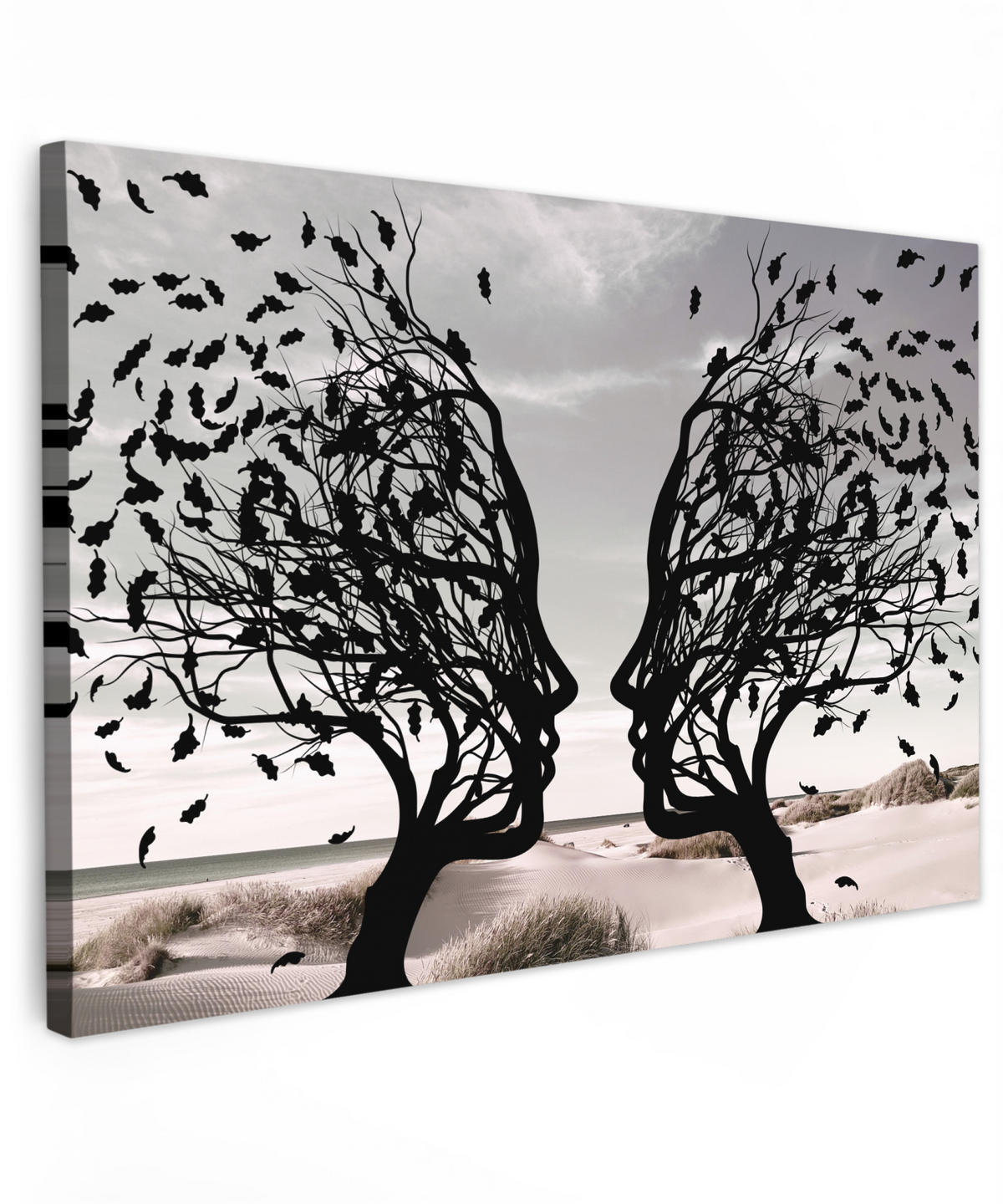 LEINWANDBILD Strand - Meer - Menschen - Baum - Moderne Kunst 150x100 cm - Hellgrau, Textil (150/100cm) - MuchoWow