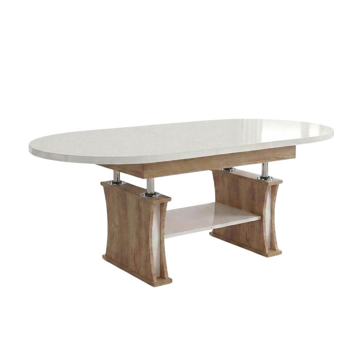 COUCHTISCH oval ausziehbar höhenverstellbar Ablage 130/80/60 cm - Weiß Hochglanz/Eichefarben, Holzwerkstoff (80/130/60cm) - designimpex