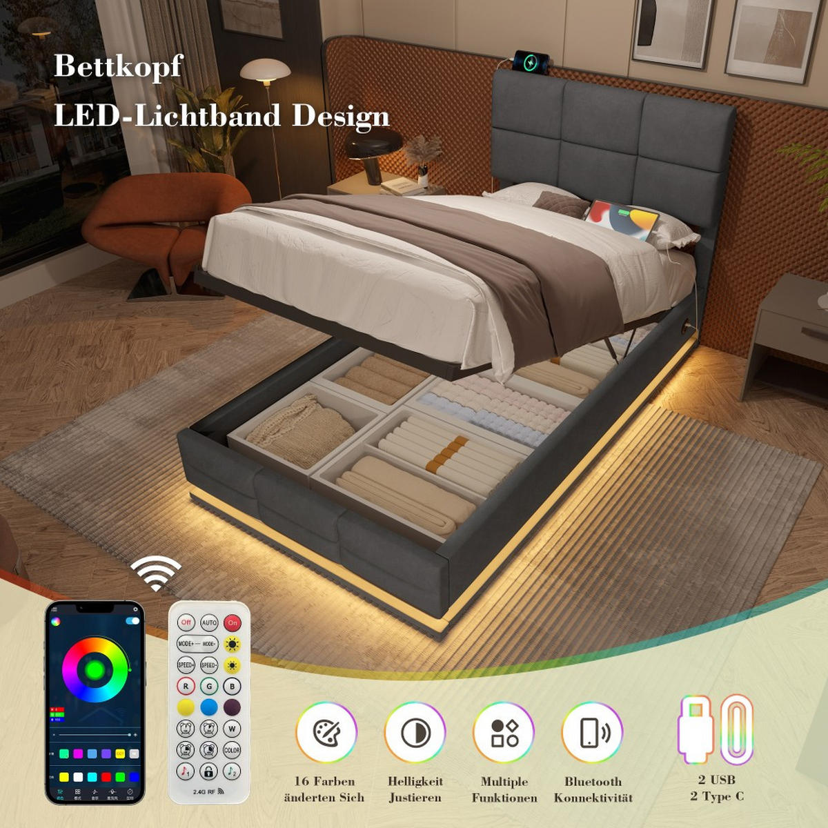 BOXBETT 90/200 mit Bettkasten, LED, USB/Typ C-Ladeanschluss,Samt,Grau - Grau, Holz (90/200cm) - LVHOM