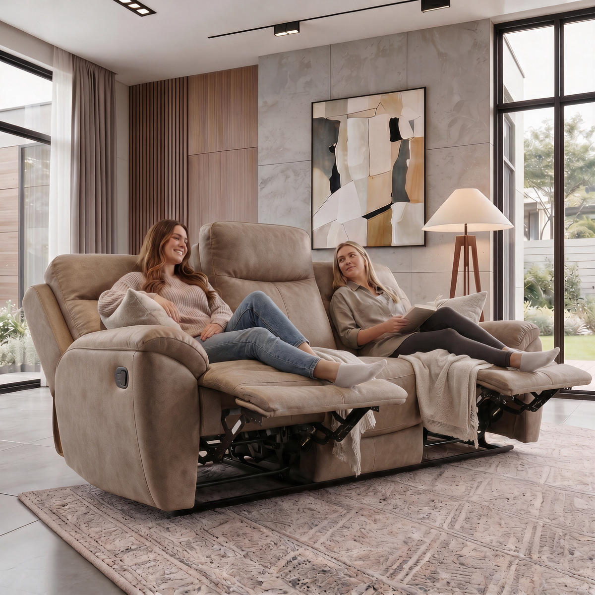 3-SITZER-RELAXSOFA Dolce, mit Relaxfunktion, 215 cm, Sandfarben, Velours - Braun, Textil (215/106/100cm) - Beautysofa