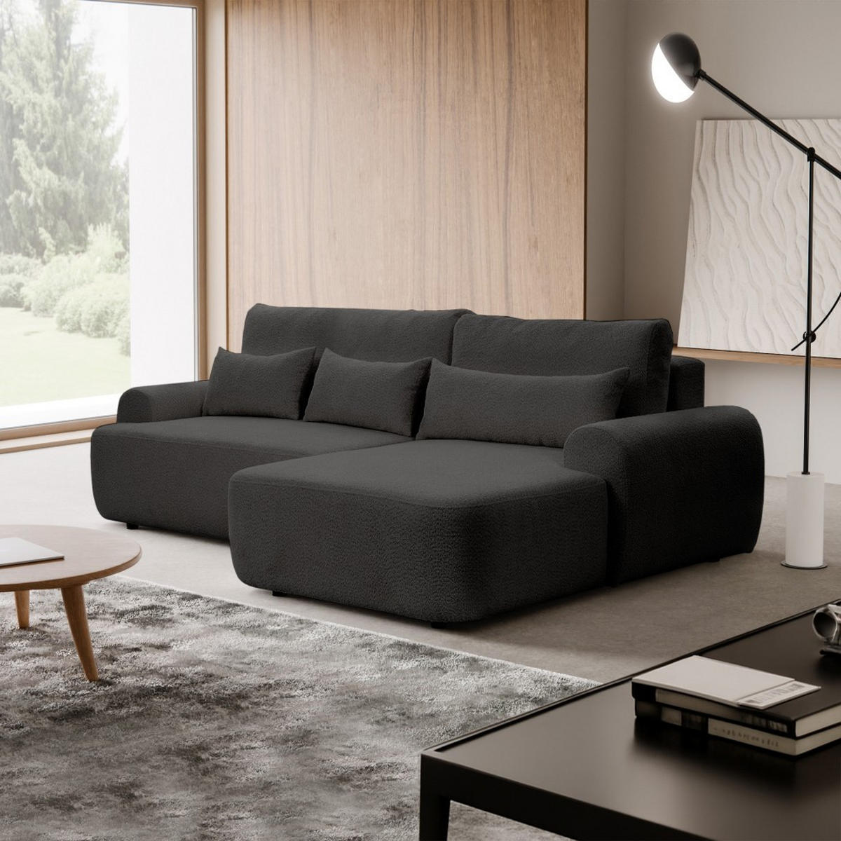 ECKSCHLAFSOFA Oliver im Bouclé-Gewebe, Schwarz, rechts - Schwarz, Textil (266/160cm) - Beautysofa