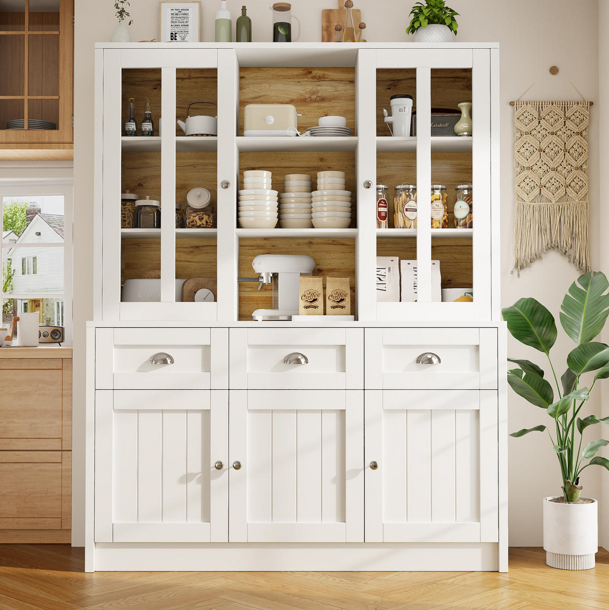 BUFFET 140/38,5/175 cm in Weiß mit Acrylfronten und Schubladen - Weiß, Holzwerkstoff (140/175/38.5cm) - Flora Grace