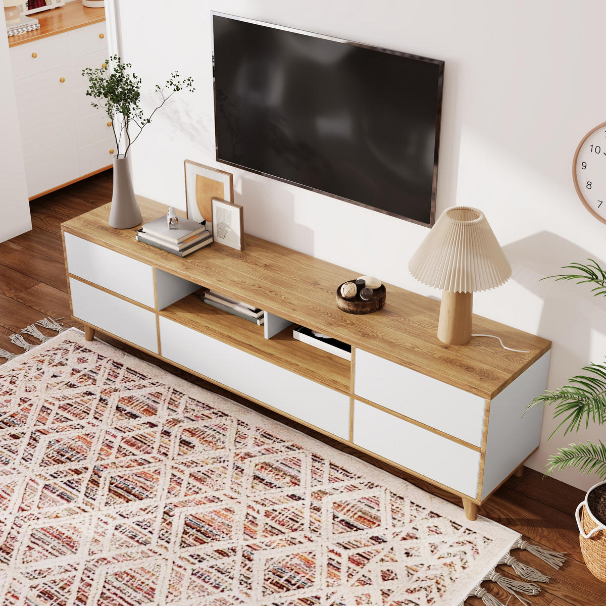 LOWBOARD in Weiß mit Fächern und Türen für Wohnzimmer, B175/T37/H51cm - Naturfarben/Weiß, Holzwerkstoff/Metall (175/51/37cm) - STILVORA