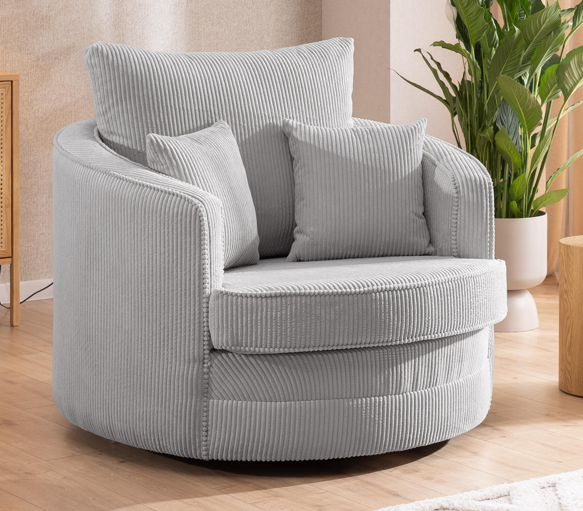 DREHSESSEL Ted aus Hellgrau Cord-Stoff - Hellgrau/Schwarz, Holz/Textil (107/94/100cm) - S-Style Möbel