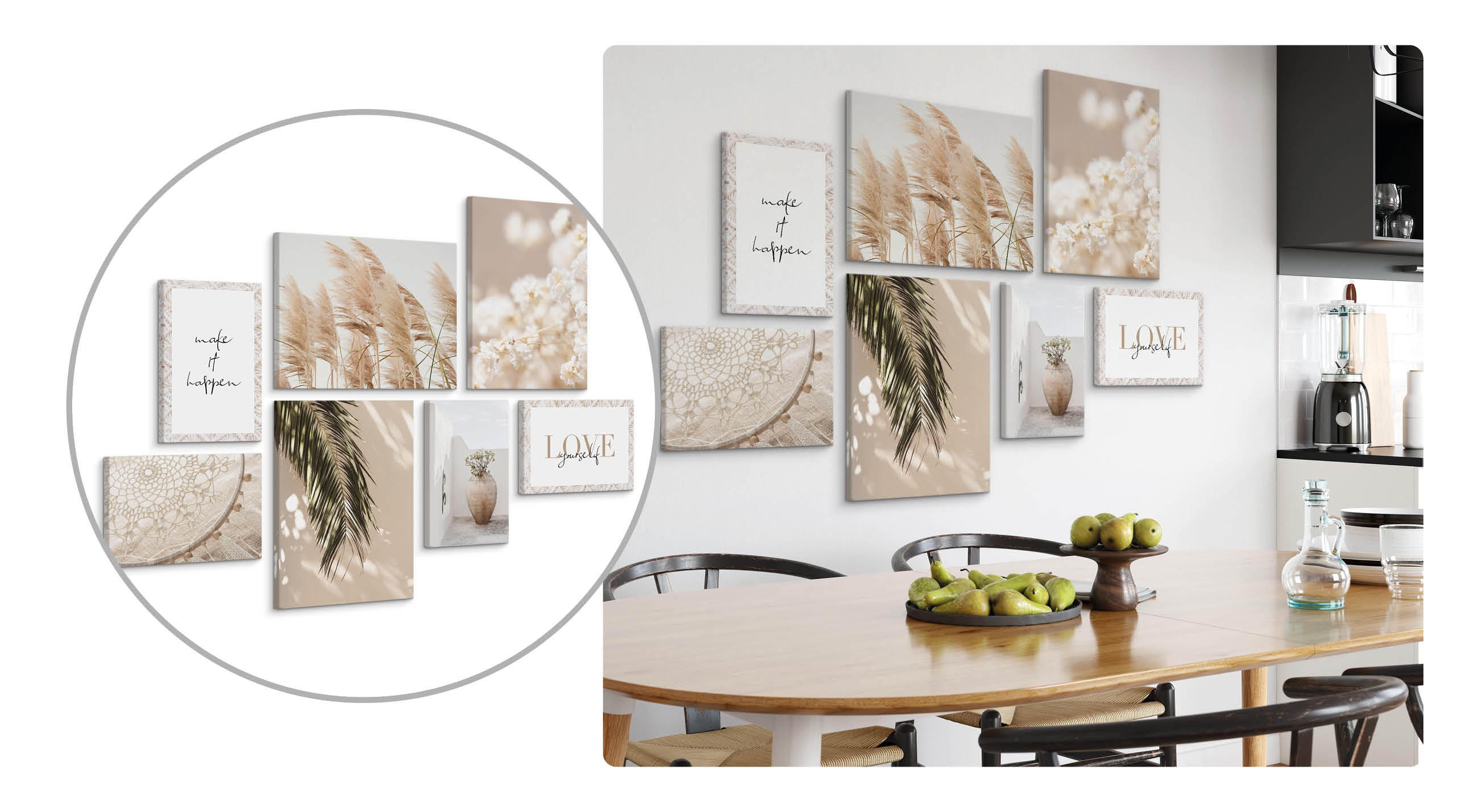 Esszimmer mit Holztisch und schwarzen Stühlen, an der Wand eine Galerie aus sieben Bildern mit Naturmotiven und Schriftzügen in neutralen Farben.