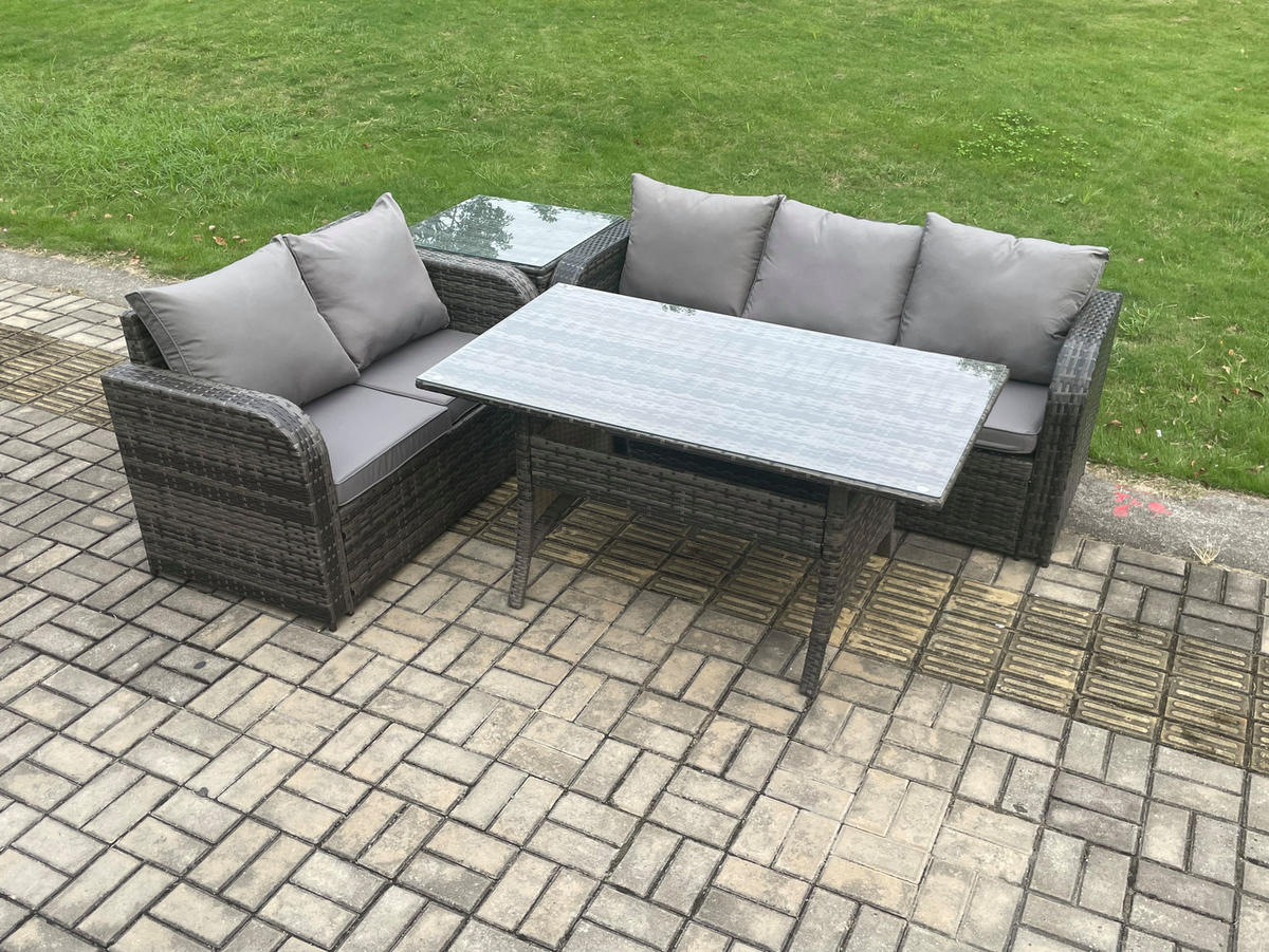 Gartenmöbelset mit Esstisch,Zweisitzer,Beistelltischen Polyrattan Dunkelgrau 5-Sitzer - Dunkelgrau/Grau, Glas/Kunststoff - Fimous