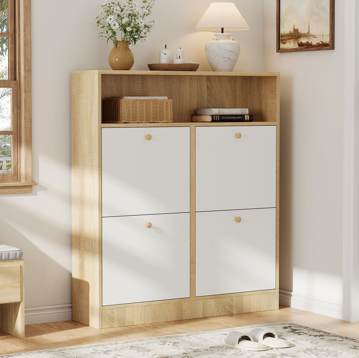 SCHUHSCHRANK 90/24/104,5 cm weiß/natur aus Spanplatte mit 4 Klappen - Naturfarben, Holzwerkstoff (90/104.5/24cm) - OKWISH