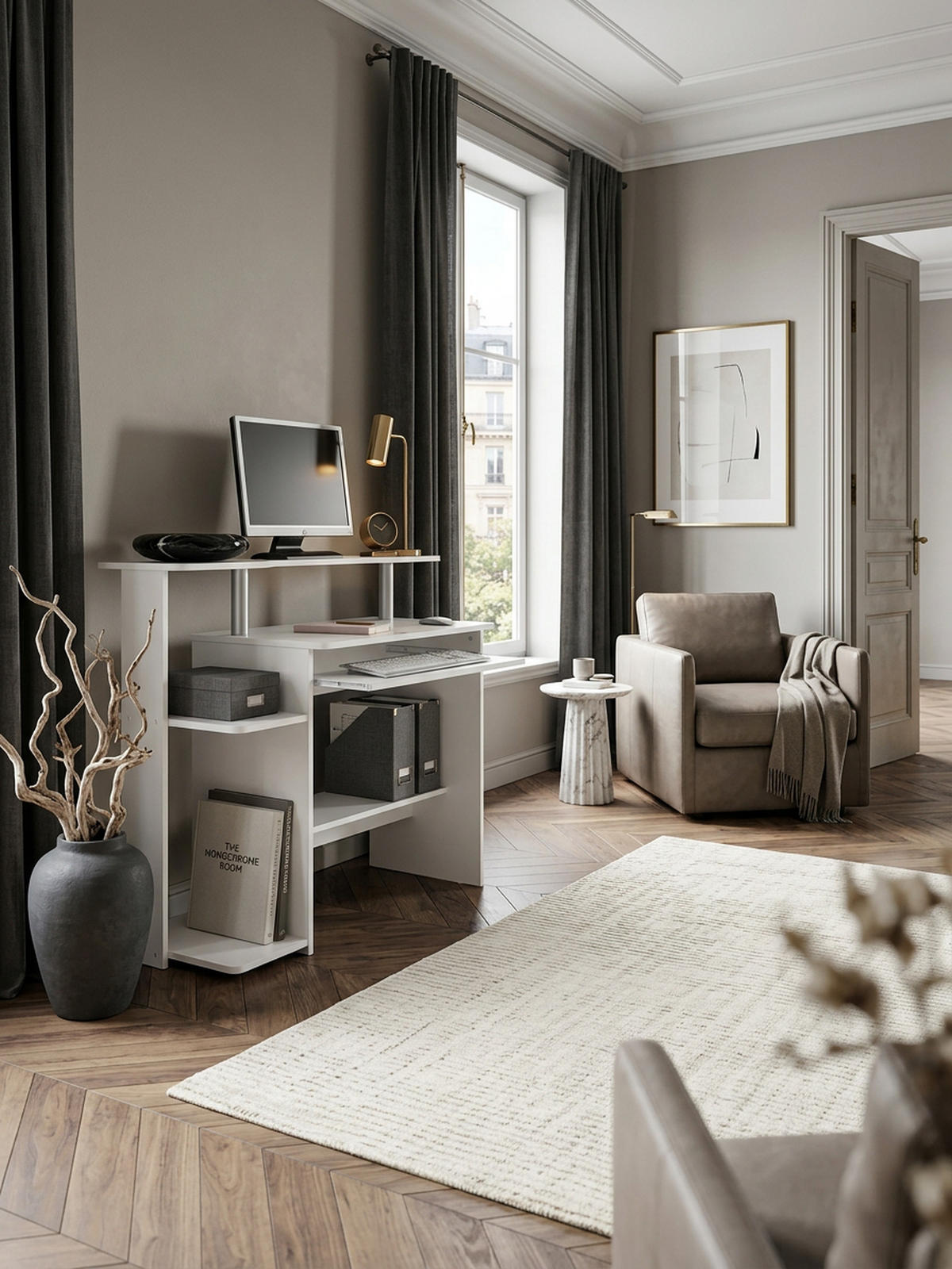 SCHREIBTISCH – Weiß, Tastaturauszug, Stauraum, zeitloses Design - Weiß, Holz (48/94/90cm) - KADIMA DESIGN