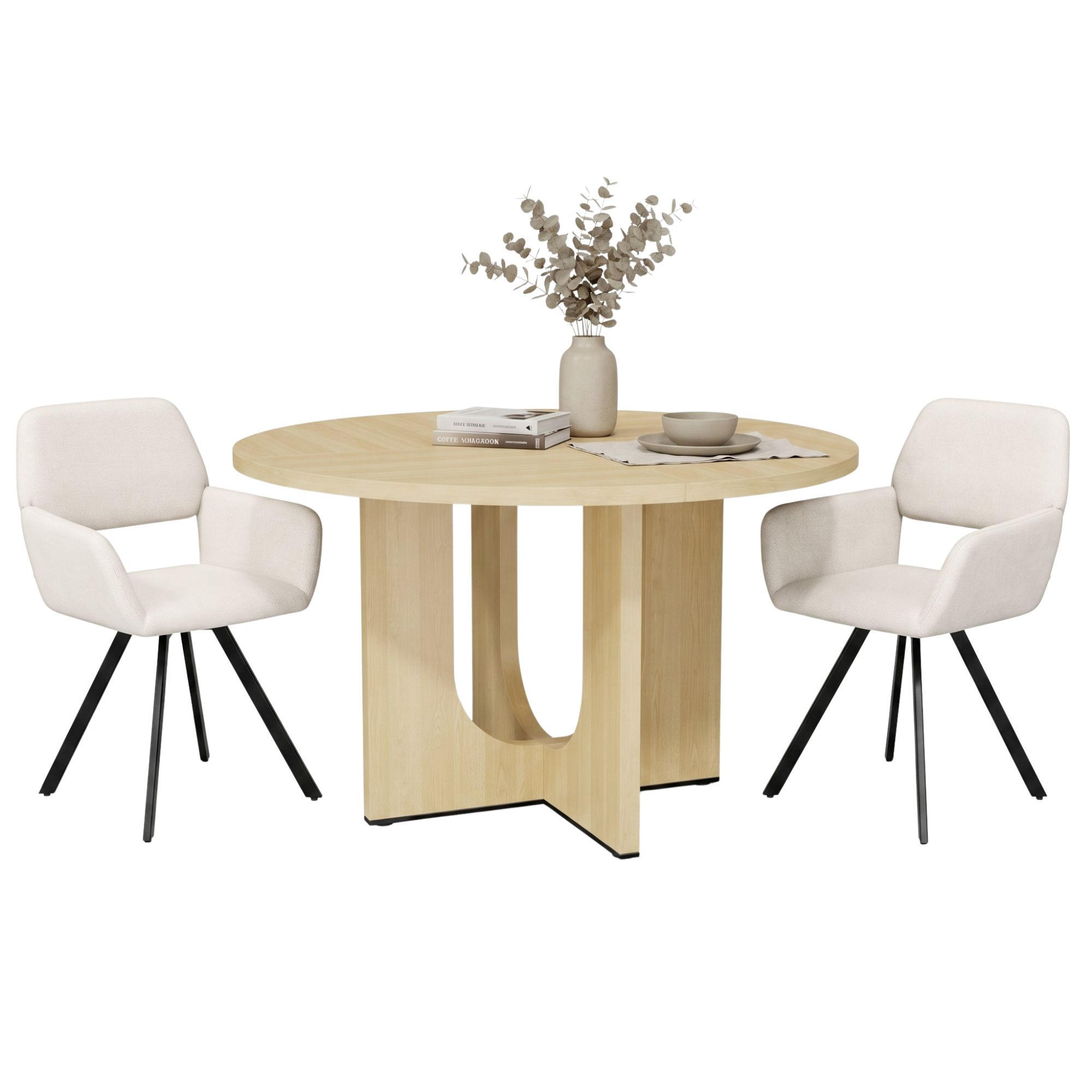 ESSGRUPPE 1+2 Runder Tisch Ø120cm Eiche & 2 beige Drehstühle - Eichefarben, Holzwerkstoff (120/75/120cm) - Urban Meuble