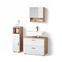 BADMÖBEL-SET Ronco Weiß Hochglanz/Goldkraft Eiche 3 Teile, mit Midischrank - Weiß Hochglanz/Eiche Wotan, Holzwerkstoff (54/55/41cm) - Livinity®